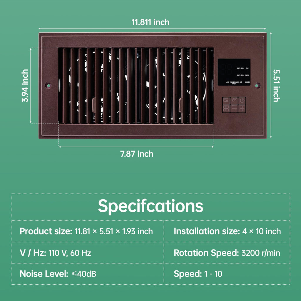 VallisCo Register Booster Fan 6" x 10" with Negative Ion, Manual Airflow Direction Control, Quiet 10-Speed Heating Cooling AC Vent Fan with Remote & Thermostat Control for Wall Floor, Bronze