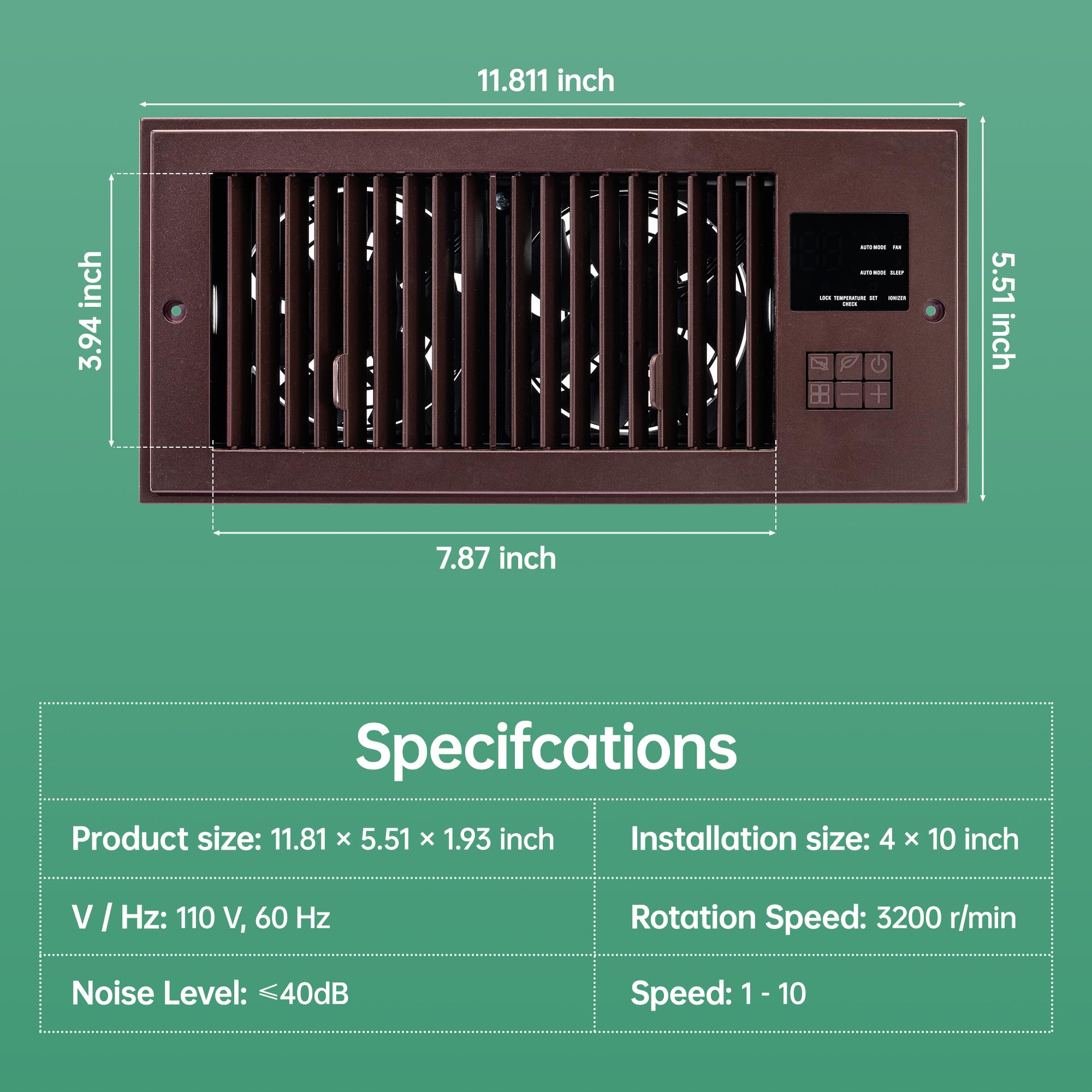 VallisCo Register Booster Fan 6" x 10" with Negative Ion, Manual Airflow Direction Control, Quiet 10-Speed Heating Cooling AC Vent Fan with Remote & Thermostat Control for Wall Floor, Bronze