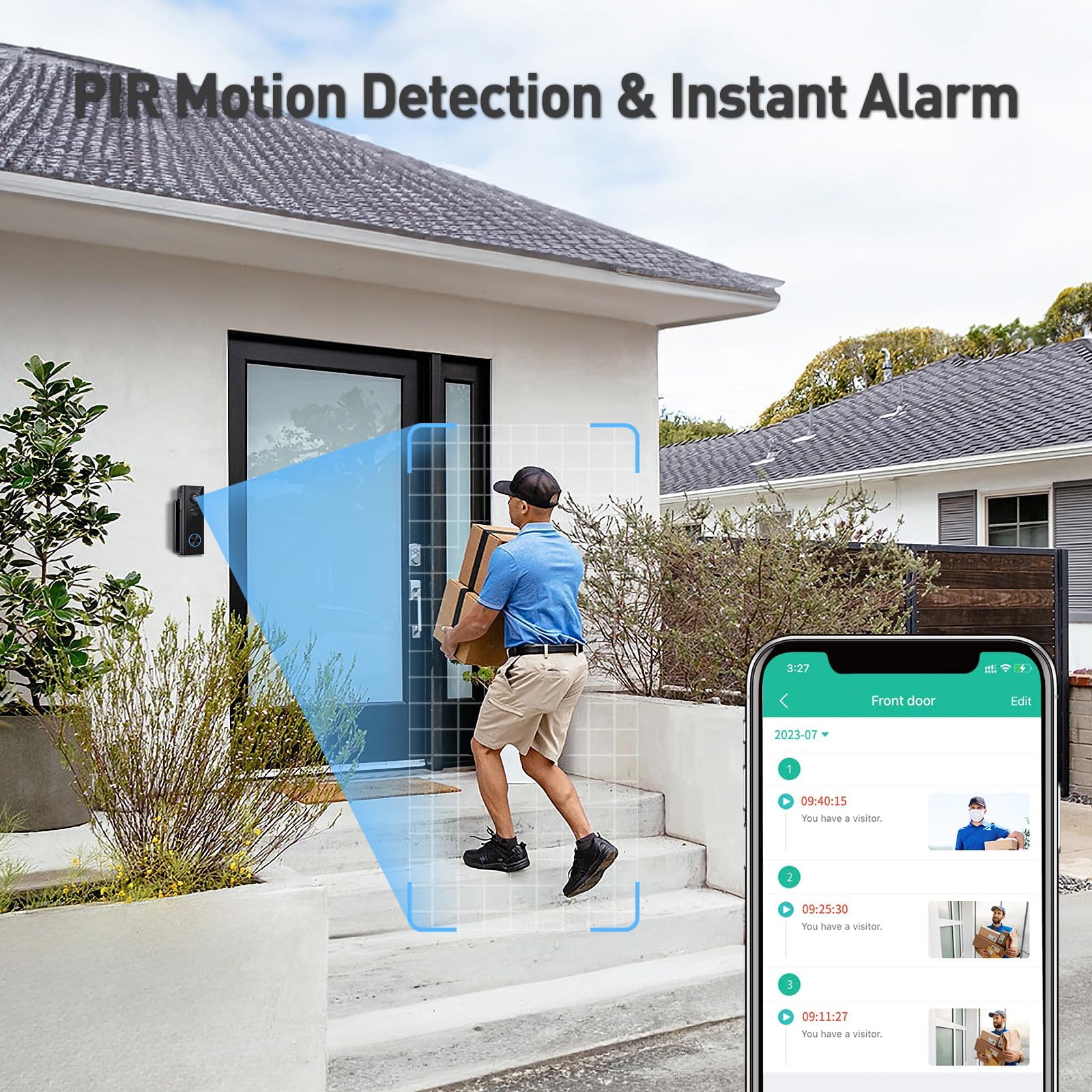 XTU Doorbell Camera Wireless No Subscription, 2K Video Doorbell with Chime, 2-way Audio, Instant Alert, Human Detection, Night Vision, 2.4G Wi-Fi, Works with Alexa and Google Assistant, Indoor Outdoor