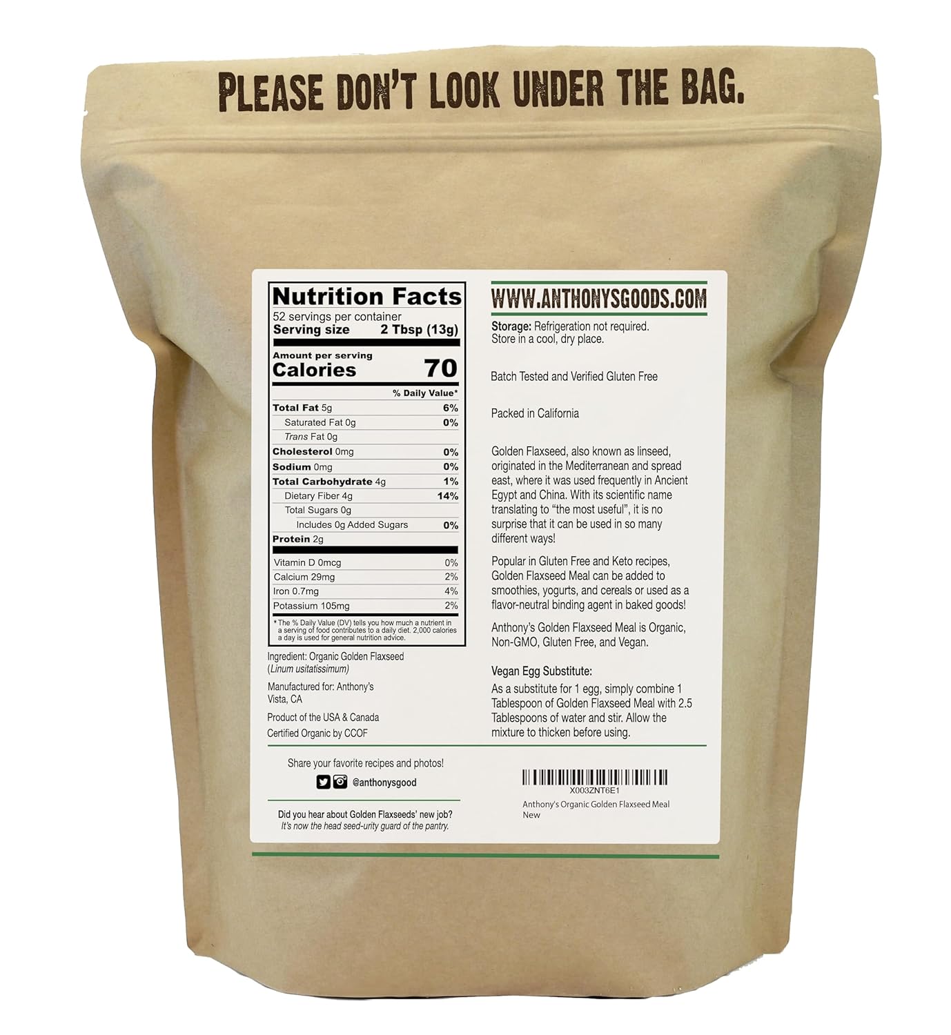 Anthony's Organic Golden Flaxseed Meal, 1.5 lb, Gluten Free, Non-GMO, Vegan, Ground Golden Flaxseed