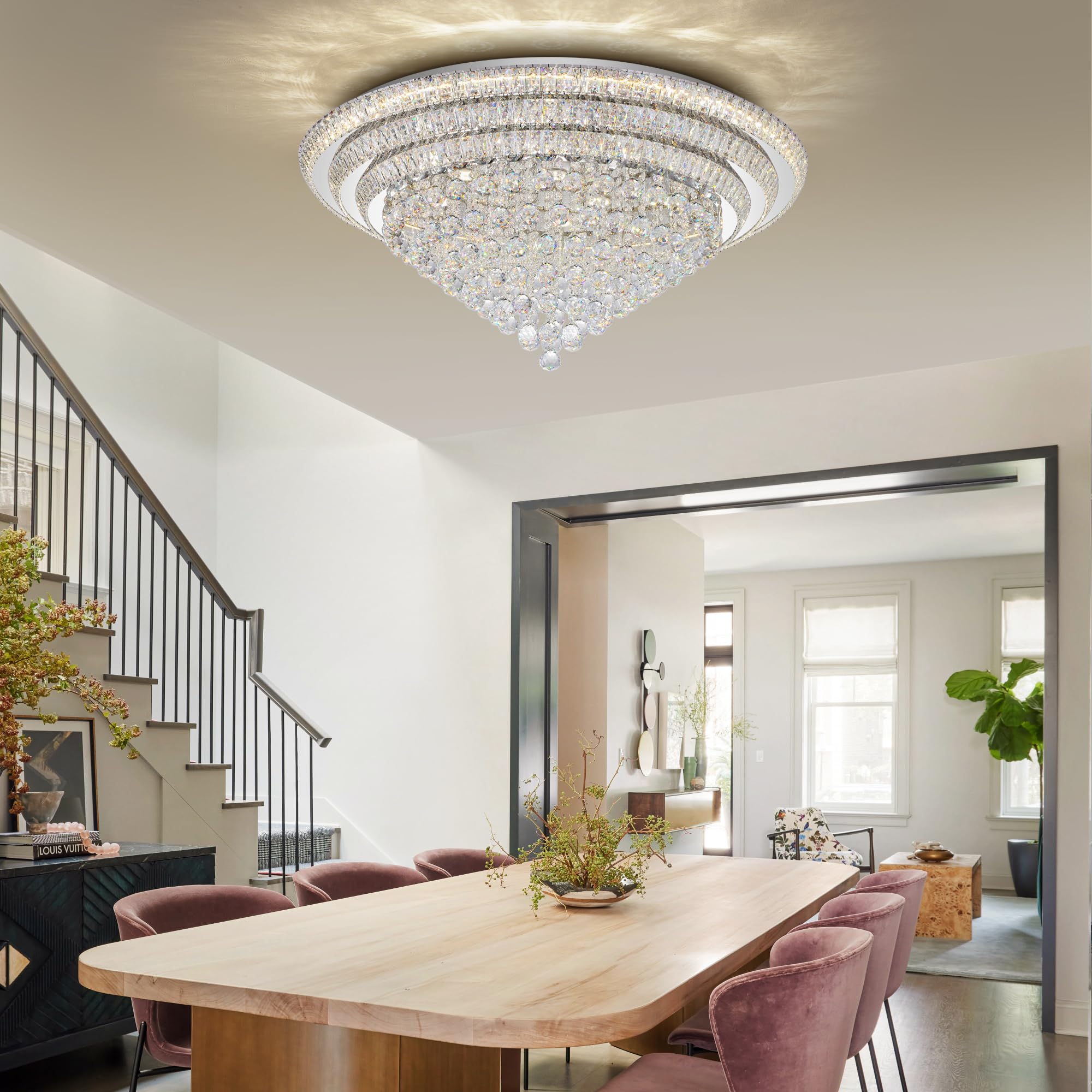 COCOSTAR 20" Gold Crystal Chandeliers, Flush Mount Chandelier LED Ceiling Light, Modern Crystal Raindrop Chandeliers for Dining Room, Living Room, Bedroom