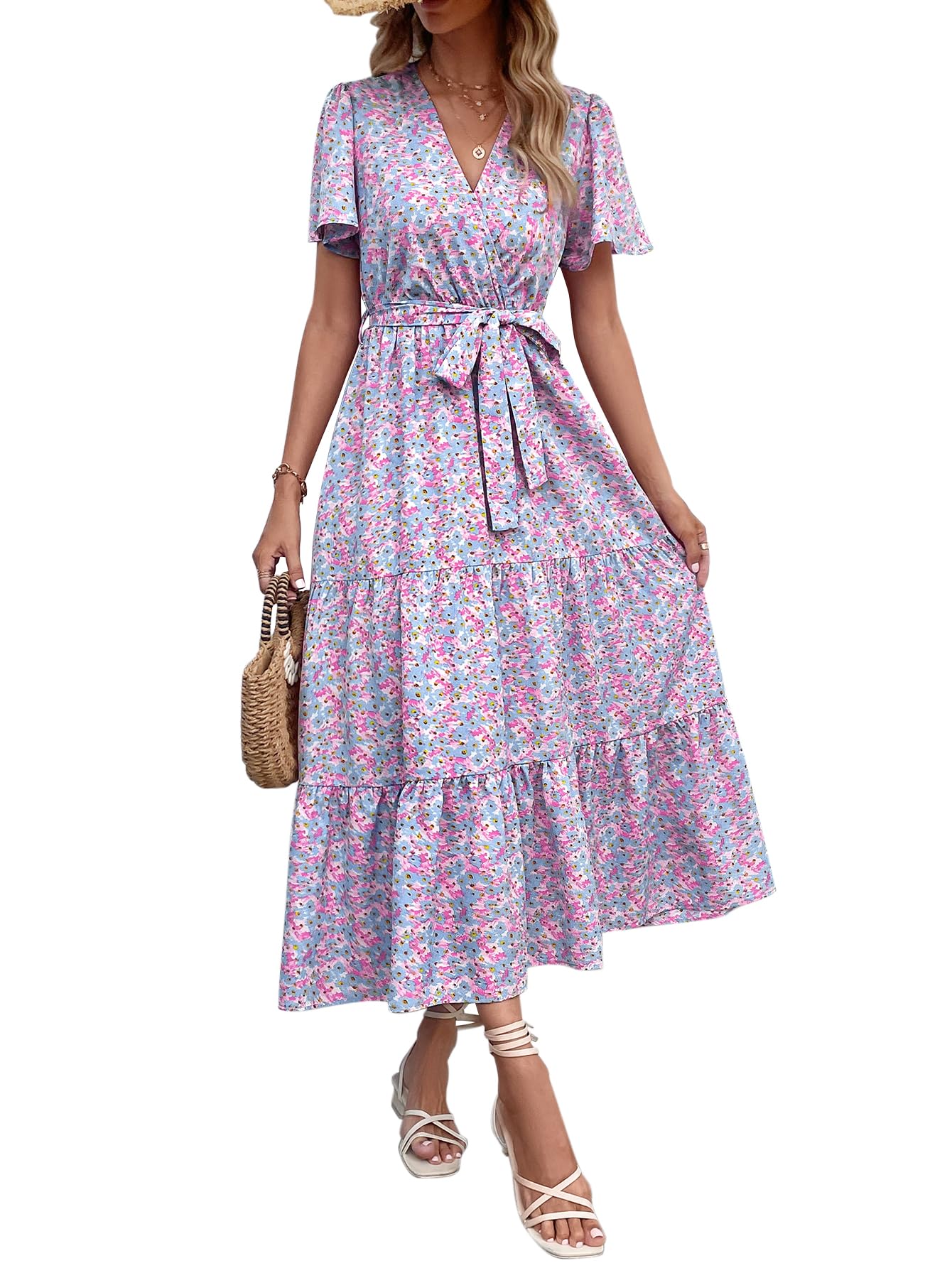 MASCOMODA Womens Summer Swiss Dot Maxi Dresses Wrap V Neck Flutter Short Sleeve Boho Casual Flowy Long Wedding Guest Dress