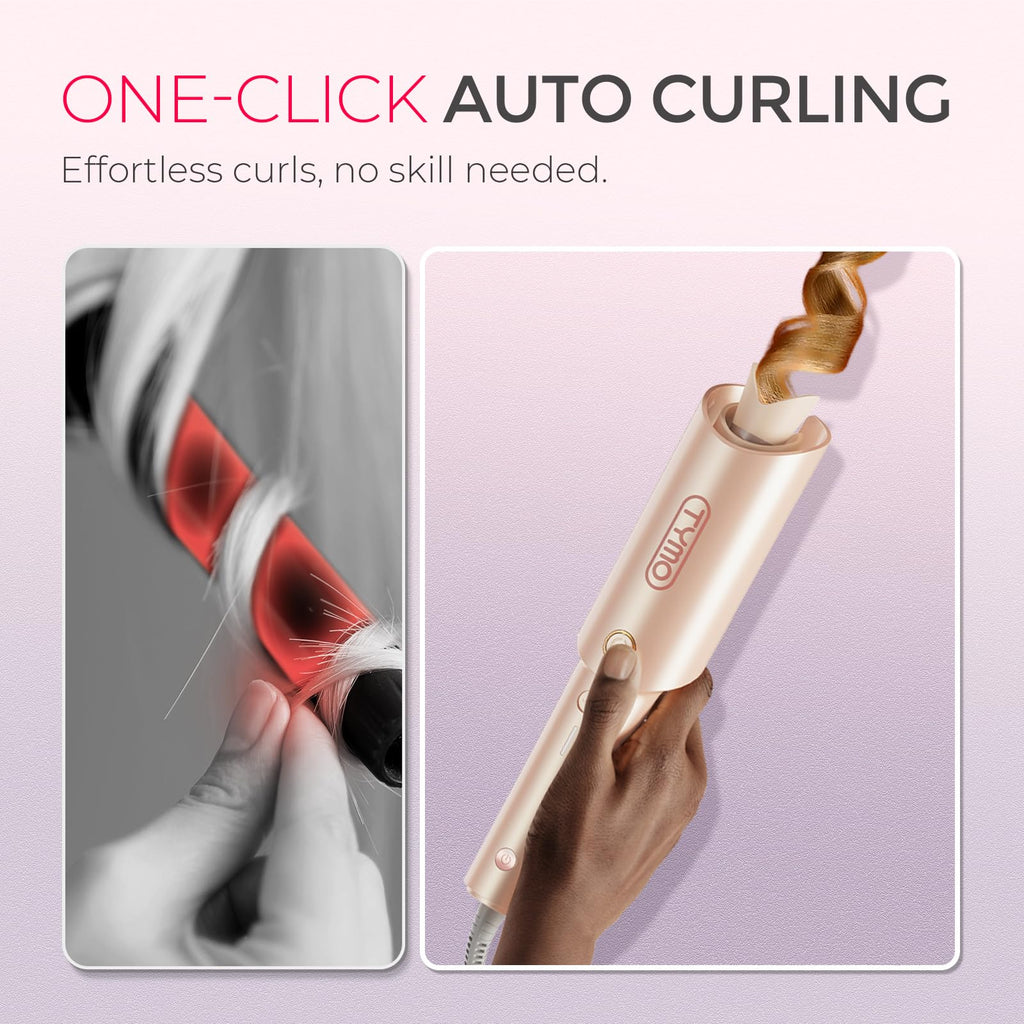 TYMO Automatic Rotating Curling Iron - TYMO CURLPRO Beach Waves Curling Wand, Portable Hair Curler, 500 Million Ionic, Dual Voltage & Lightweight for Travel, Ceramic Coating, 1 Inch, Pink