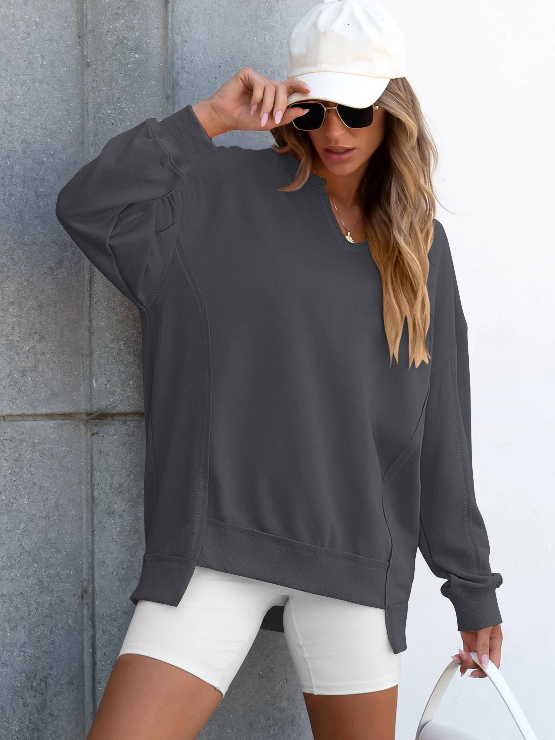 ANRABESS Women's Long Sleeve V-Neck Oversized Sweatshirts | Soft Lightweight Loose Fit Pullover Tops, Casual School Workout Office Tunic Shirts, Teen Girls Outfit, Fall Winter Clothes