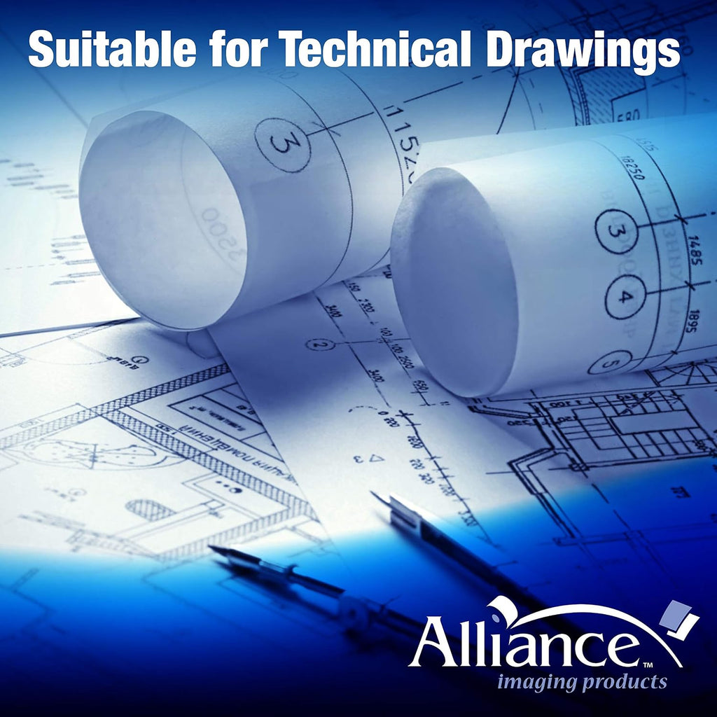 Alliance CAD Paper Rolls, 36” x 500’, 92 Bright, 24lb - 2 Rolls Per Carton - Ink Jet Bond Rolls with 3” Core