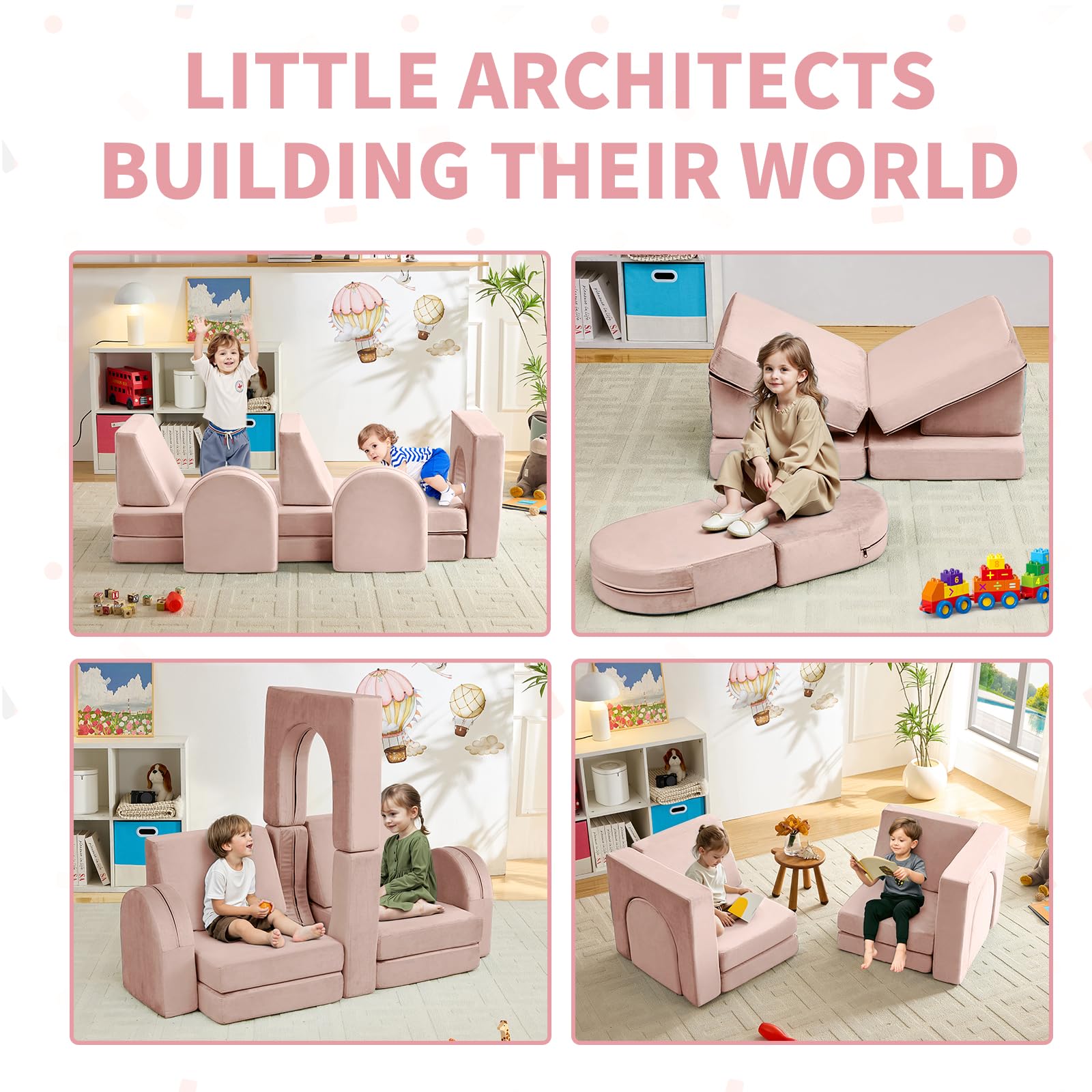 wanan Kids Couch 10PCS, Modular Kids Play Couch for Playroom Bedroom, 10 in 1 Multifunctional Kid Sofa for Playing, Creativing, Sleeping, Indoor Toddler Couches for Boys and Girls(Dark Grey)