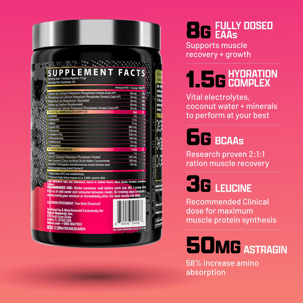 Nutrex Research EAA Hydration | EAAs + BCAAs Powder | Muscle Recovery, Strength, Muscle Building, Endurance | 8G Essential Amino Acids + Electrolytes | Apple Pear 30 Servings