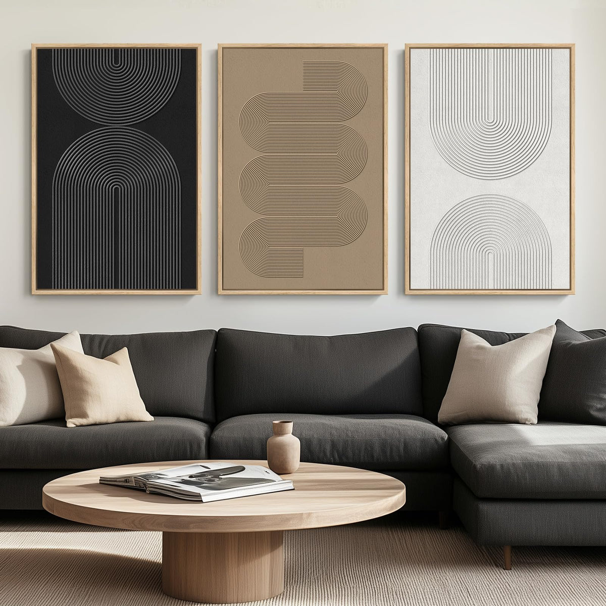 Framed Black and White Modern Abstract Wall Art, 3 Piece Canvas Prints Paintings Artwork for Walls, Minimalist Black White Grey Pictures for Living Room Dining Room Bedroom Office Wall Decor 16x24 In