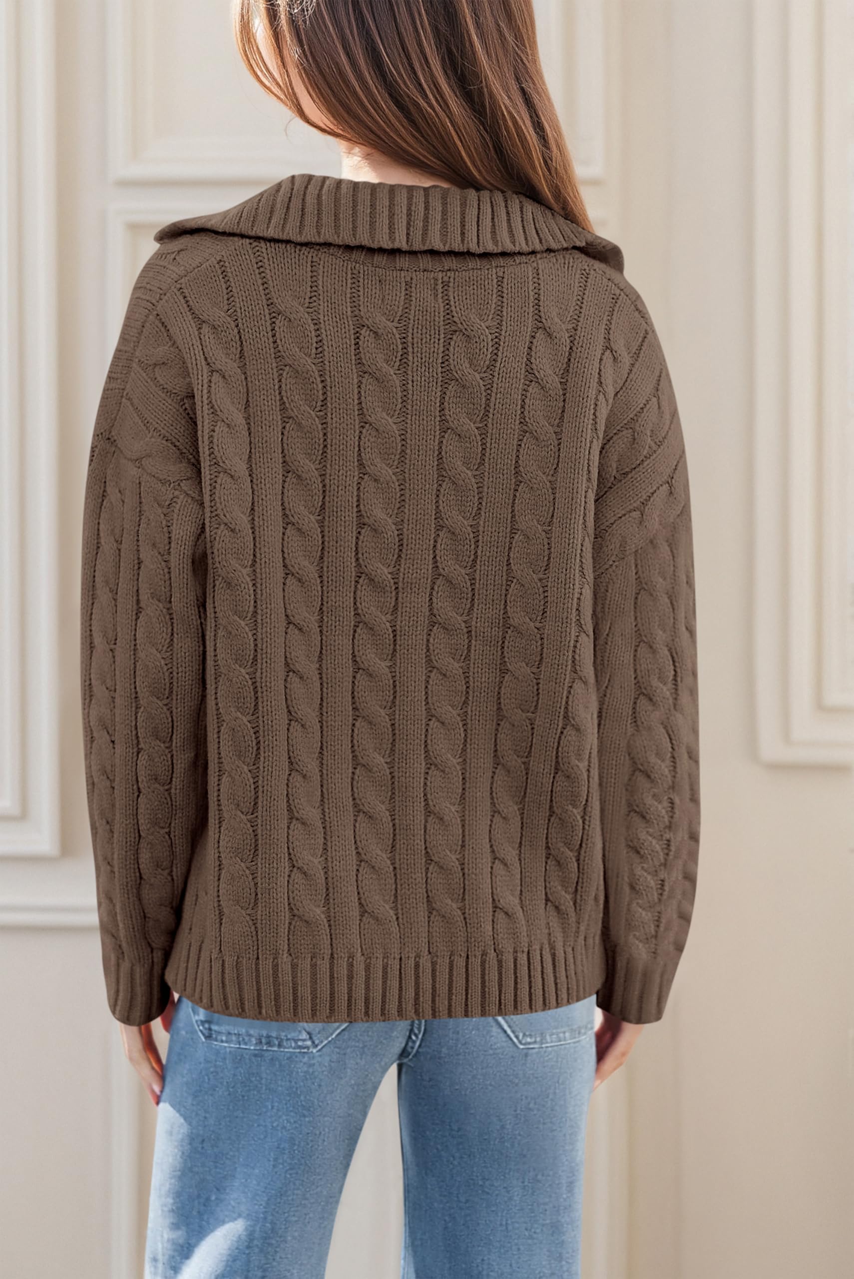 PRETTYGARDEN Spring Cable Knit Oversized Sweaters for Women 2026 Polo V Neck Long Sleeve Casual Chunky Sweater Pullover Tops