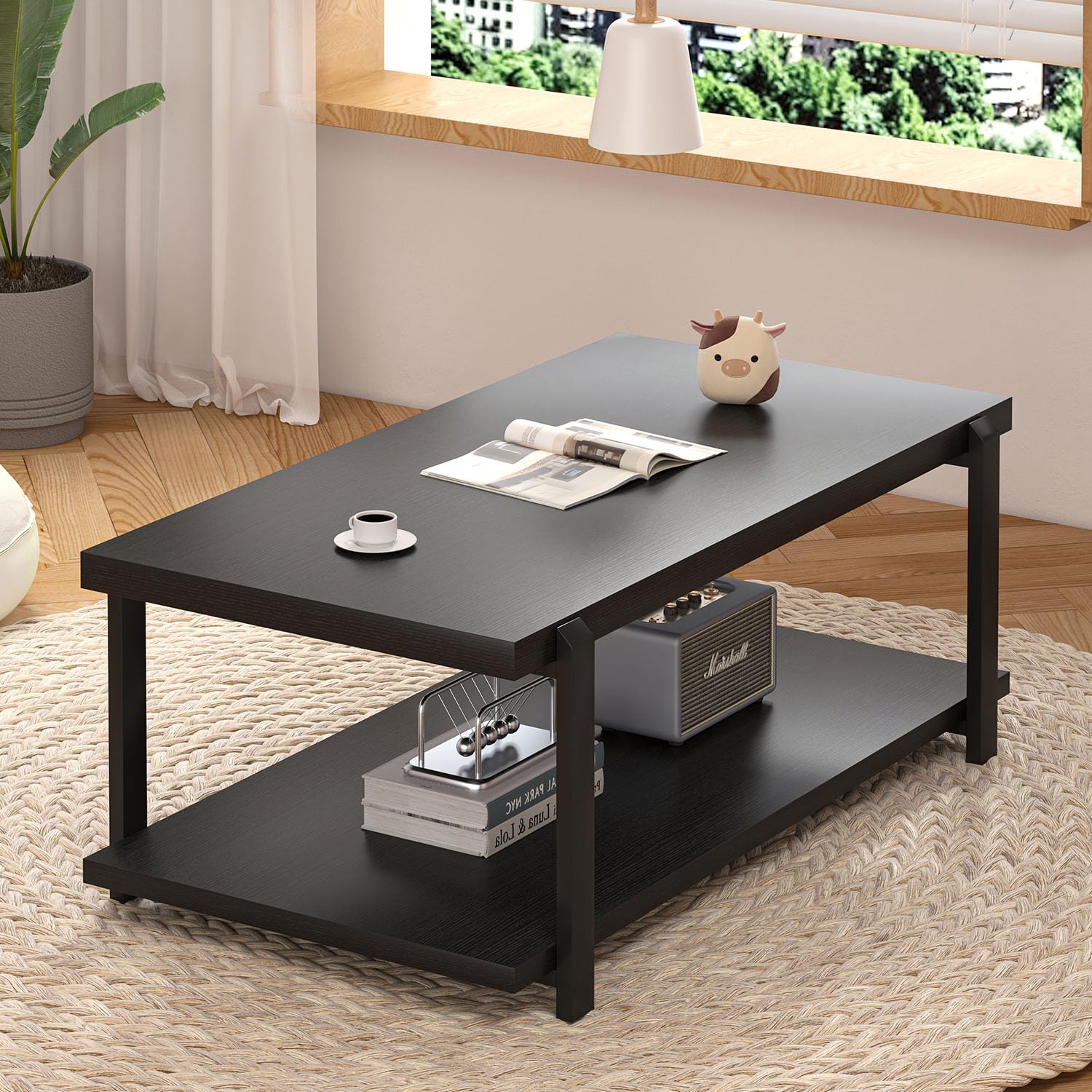 FOLUBAN Black Coffee Table, Modern Rustic Wood Center Table with Storage for Living Room, Industrial Rectangle 2 Tier Cocktail Tea Table, Black Oak