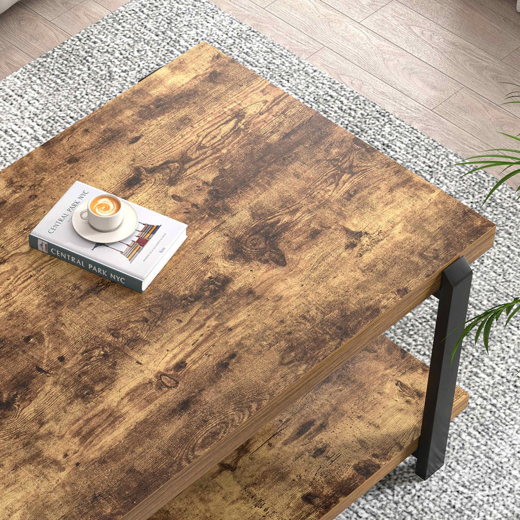 FOLUBAN Black Coffee Table, Modern Rustic Wood Center Table with Storage for Living Room, Industrial Rectangle 2 Tier Cocktail Tea Table, Black Oak