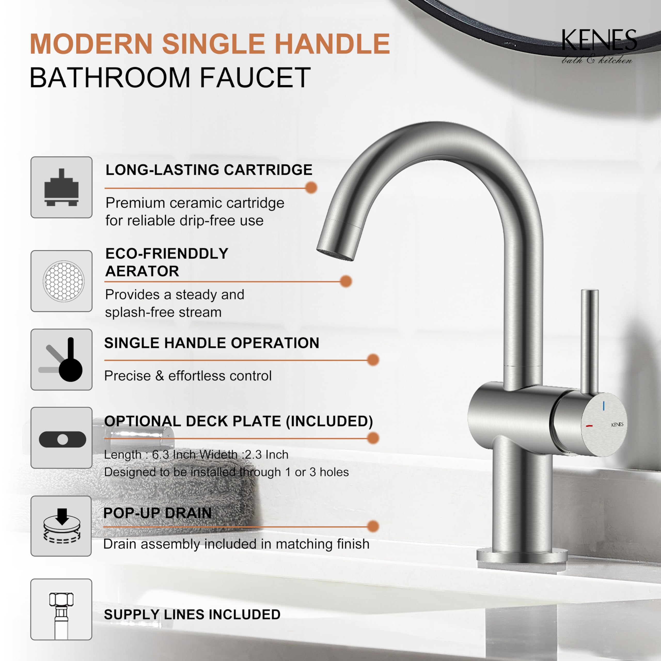 KENES Black and Gold Single Handle Bathroom Sink Faucet, Modern Prep Wet Bar Sink Faucet with Drain Assembly & Deck Plate, Vanity Faucets for Farmhouse RV Camper Utility, KE-9005B-BG