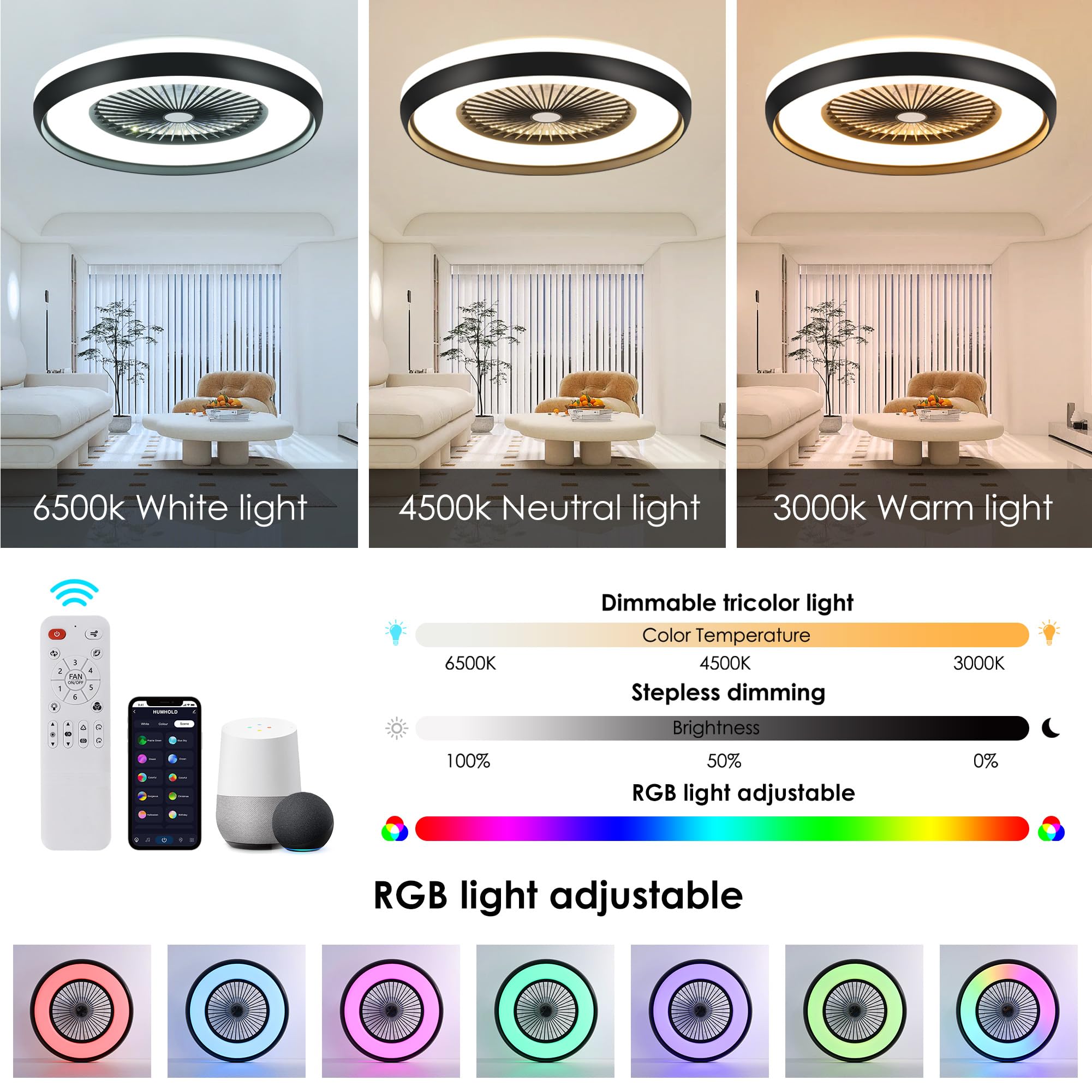 24" Bladeless Ceiling Fan with Light Remote, Smart LED Ceiling Fans with App Control, Modern Low Profile Dimmable Light Ceiling Fan for Bedroom Living Room Gold
