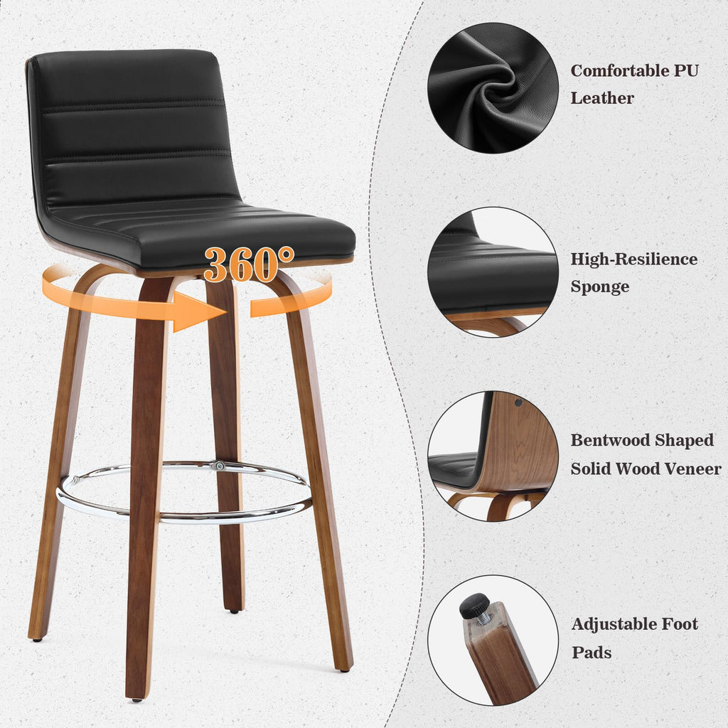 Bar Stools 29 Inch Bar Height, Swivel Bar Stools with Backs Upholstered PU Leather Barstool, L Shape Back and Padded Seat, Mid-Century Modern Bar Stool Pub Chairs for Kitchen Counter Island, Black