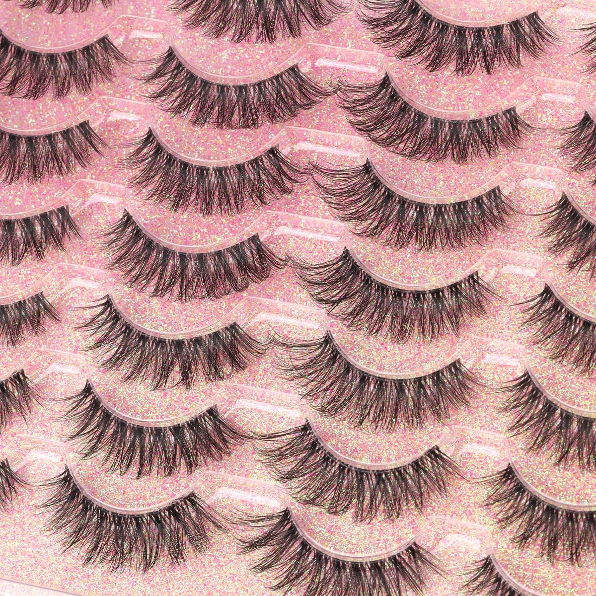 False Lashes Natural Look Wispy Eyelashes Manga Korean Spiky 16mm Short Faux Mink Eyelashes Cat Eye Natural Fake Eyelashes Strip Lashes Pack 14 Pairs