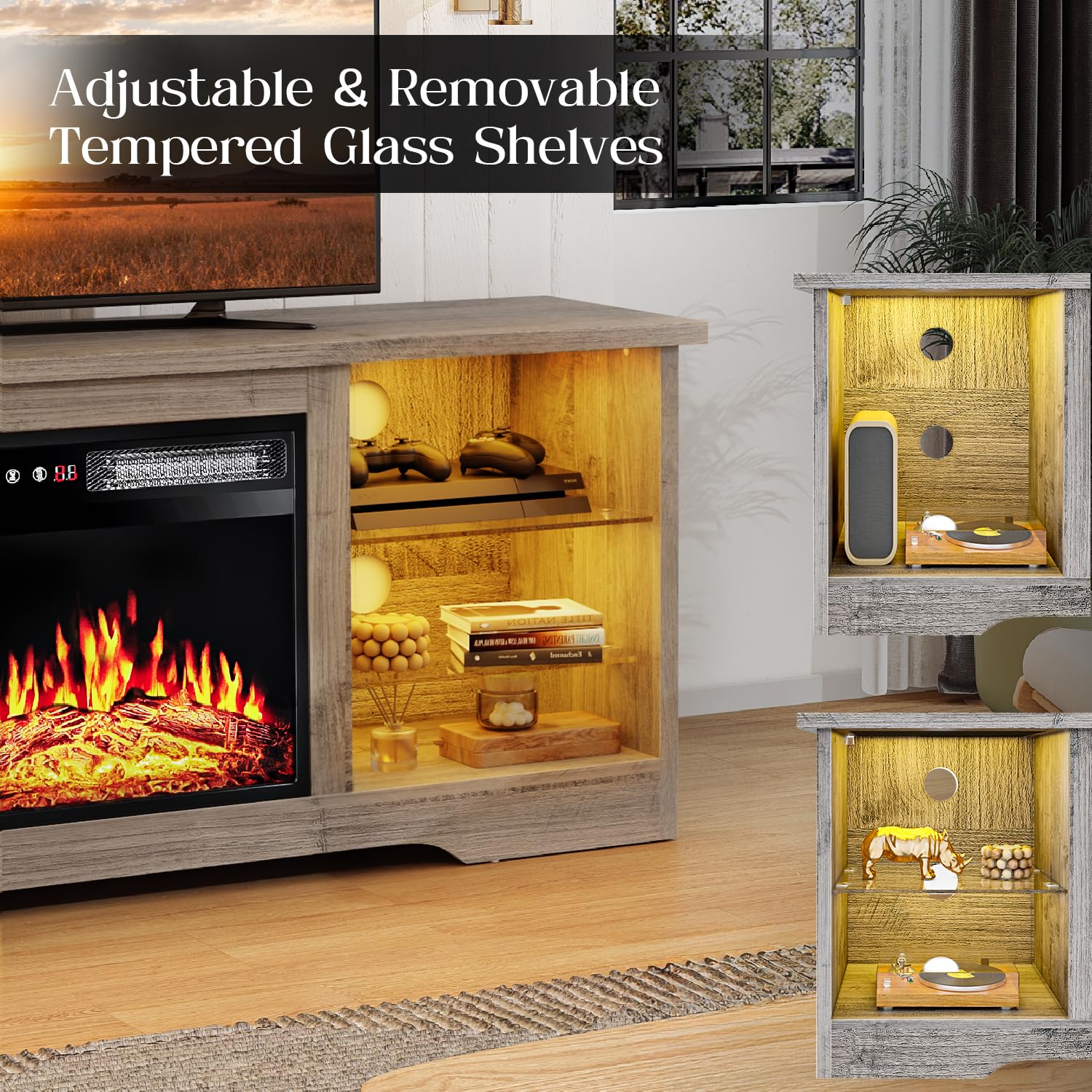 VITESSE 58 Inches Fireplace TV Stand for TVs up to 65 Inches Console with 18'' Electric Fireplace & Remote,Wooden Modern Entertainment Center for Living Room with LED Light Glass Shelves（Bei）