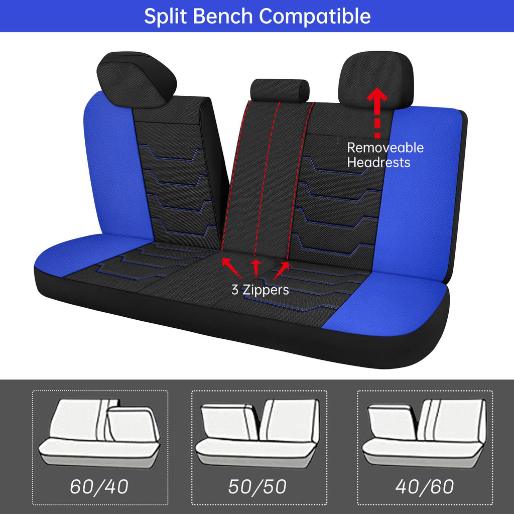 AOKAOK 3D Air-Mesh Car Seat Covers Full Set, Breathable and Split Bench Compatible Seat Covers for Cars, Universal Car Interior Covers for Most Cars Sedan Truck SUV(Black/Blue)