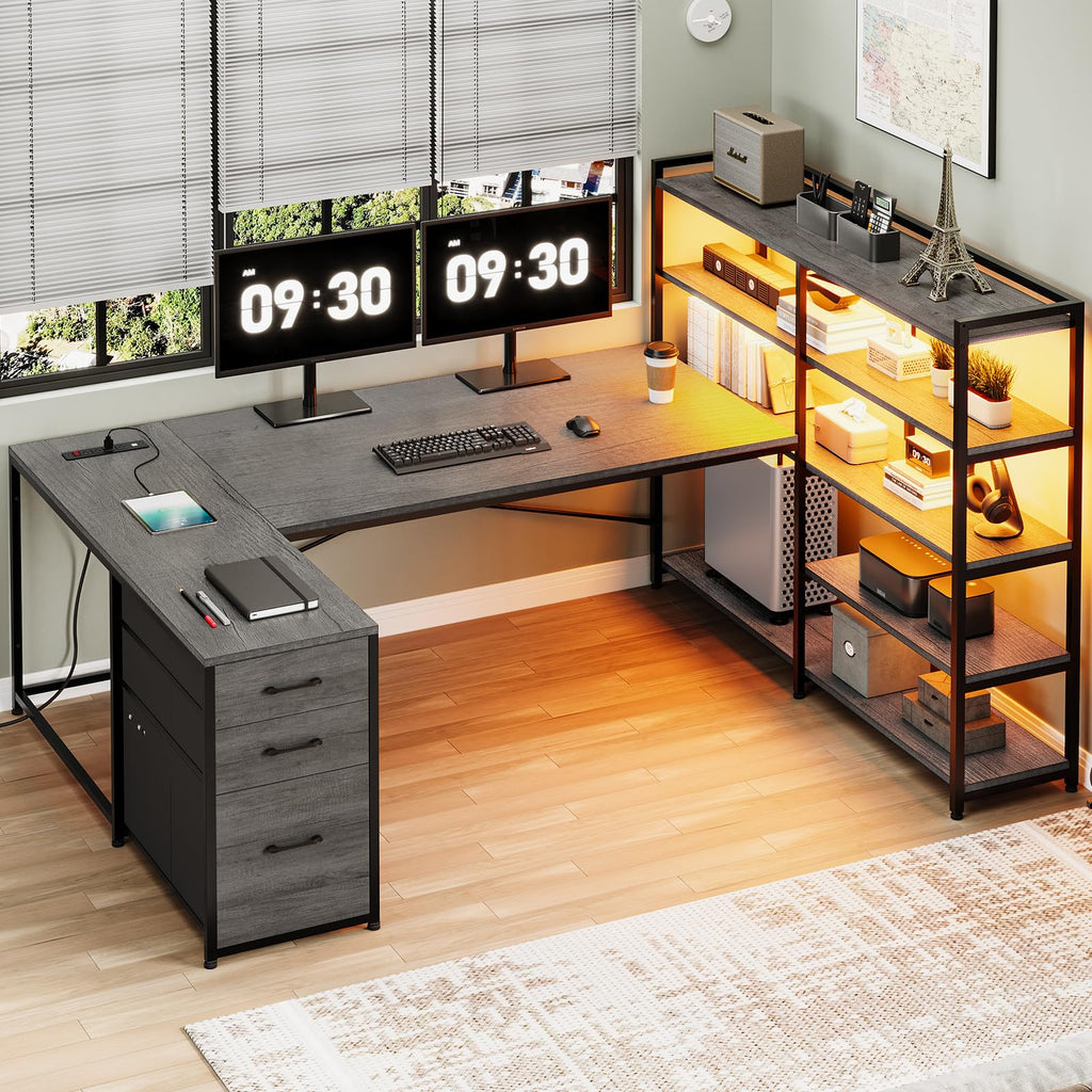 SEDETA L Shaped Gaming Desk, Reversible U Shaped Computer Desk with Power Outlet and Storage Shelves, Corner Gaming Desk with LED Lights, 3 Fabric Drawers, Black