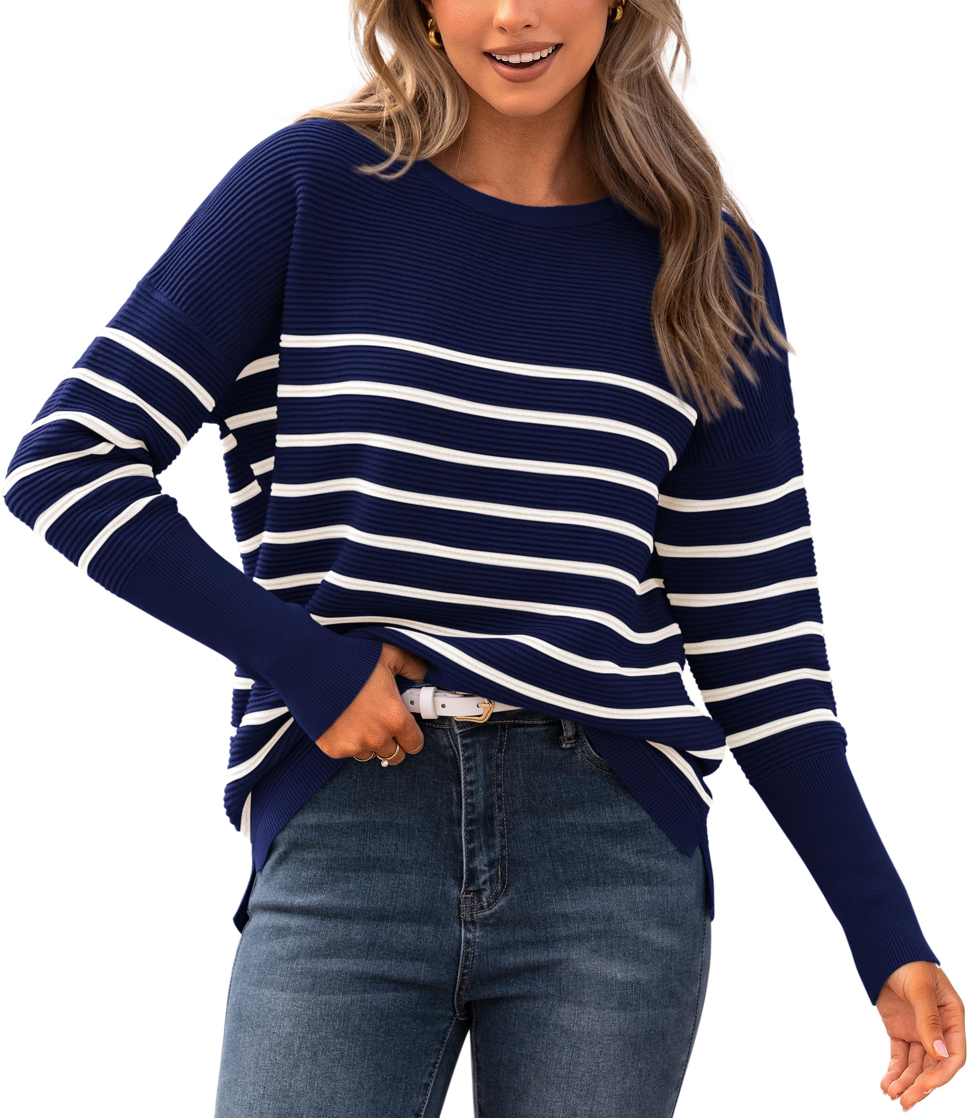 BTFBM Fall Sweaters for Women 2026 Casual Long Sleeve Sweater Striped Loose Fit Pullover Tops