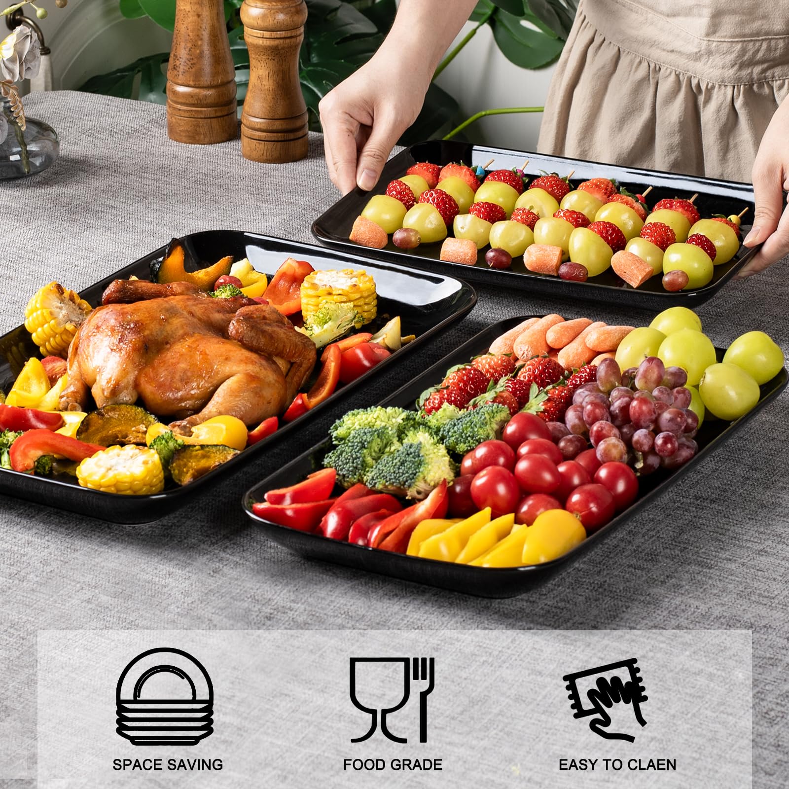 DELLING Large Serving Platter Set of 3, 16/14/12 Inch Porcelain Serving Trays for Party - Black Ceramic Rectangular Platters for Entertaining,Platter for Thanksgiving Christmas, Dishwasher Oven Safe