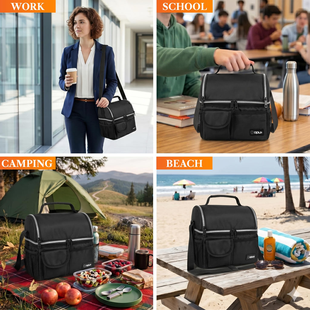 opux Insulated Lunch Bag Women Men, Dual Compartment Leakproof Lunch Box Adults Kids, Double Decker Meal Prep Bento Lunch Cooler Tote with Shoulder Strap for Work Office School Travel, Black