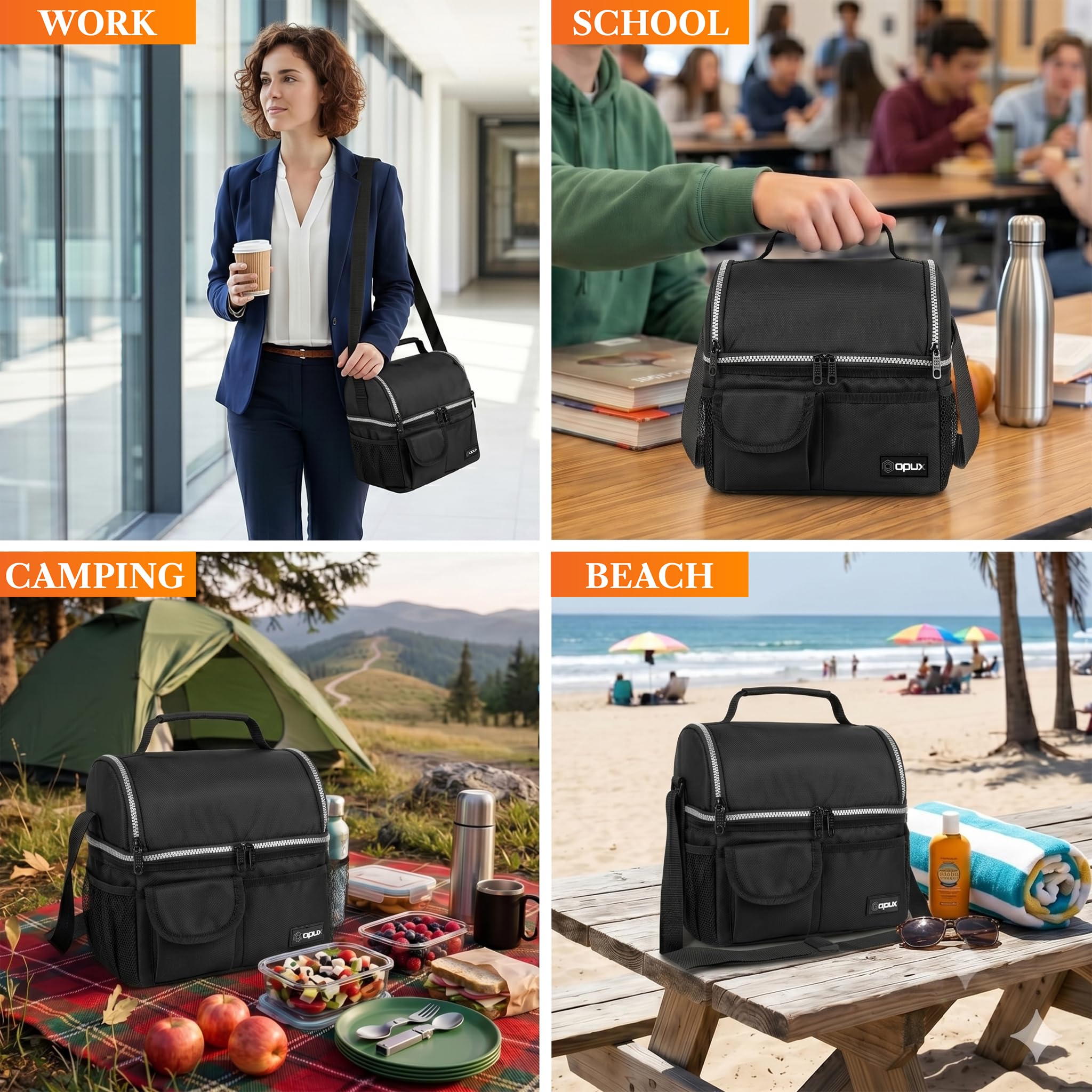 opux Insulated Lunch Bag Women Men, Dual Compartment Leakproof Lunch Box Adults Kids, Double Decker Meal Prep Bento Lunch Cooler Tote with Shoulder Strap for Work Office School Travel, Black