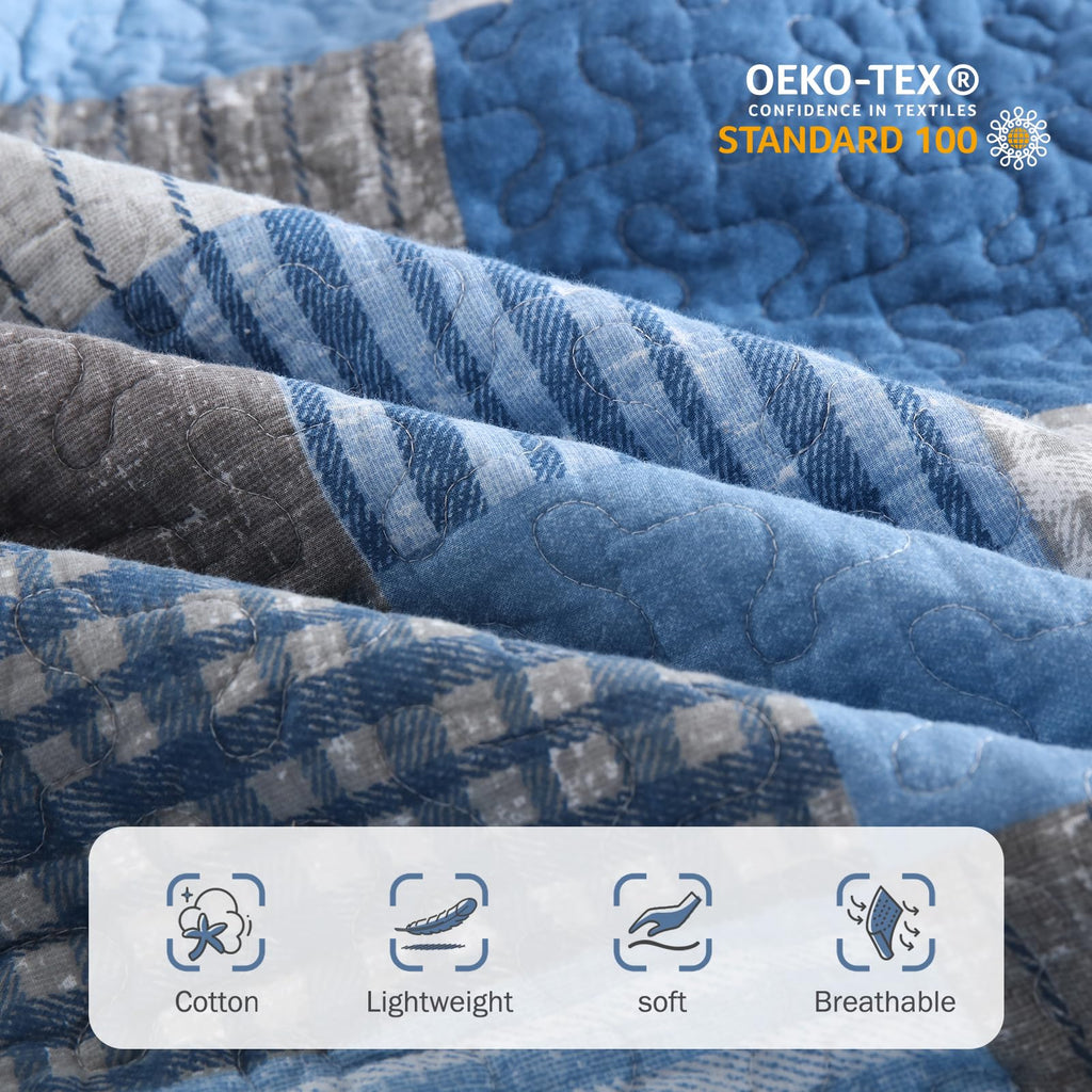 Y-PLWOMEN 100% Cotton Farmhouse Plaid Lightweight 3-Pieces Quilt Set (Blue Brown, Queen90 * 98 Inch)