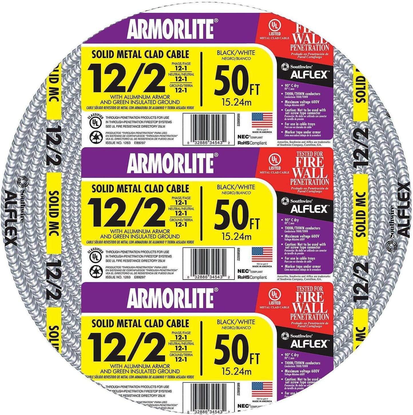 Southwire 68580052 50-Foot 12-Gauge 2-Conductor Type MC Cable Aluminum