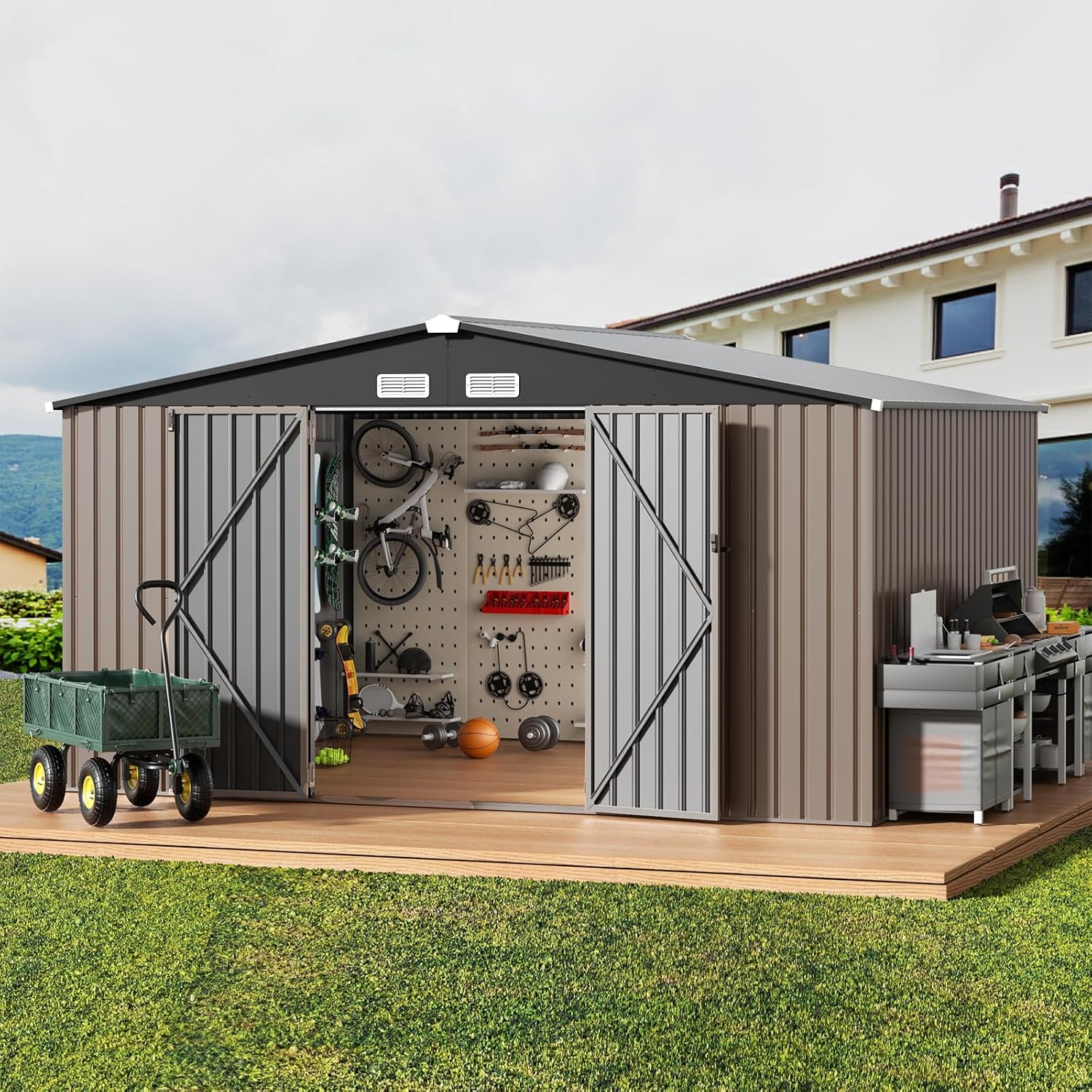 GVDV - Cobertizo de almacenamiento al aire libre de 10 x 12 pies, almacenamiento exterior de metal duradero para jardín, patio y patio trasero, refugio impermeable para herramientas y equipo