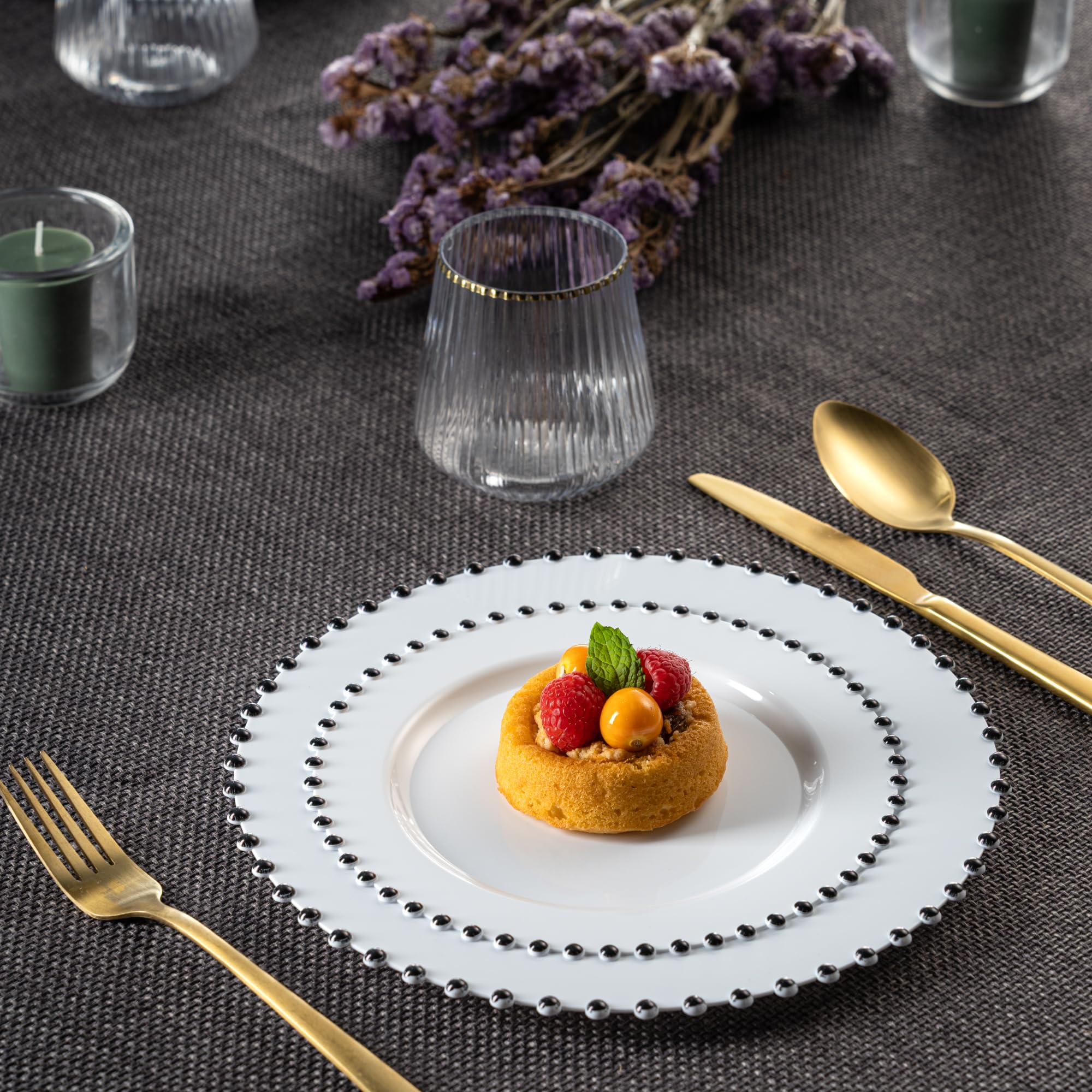 PLASTICPRO 32 Piece Combo Plastic Dinner Plates Disposable Plastic Fancy Heavy Duty Party Dishes 7 inch and 10 inch, Black and Gold Beaded