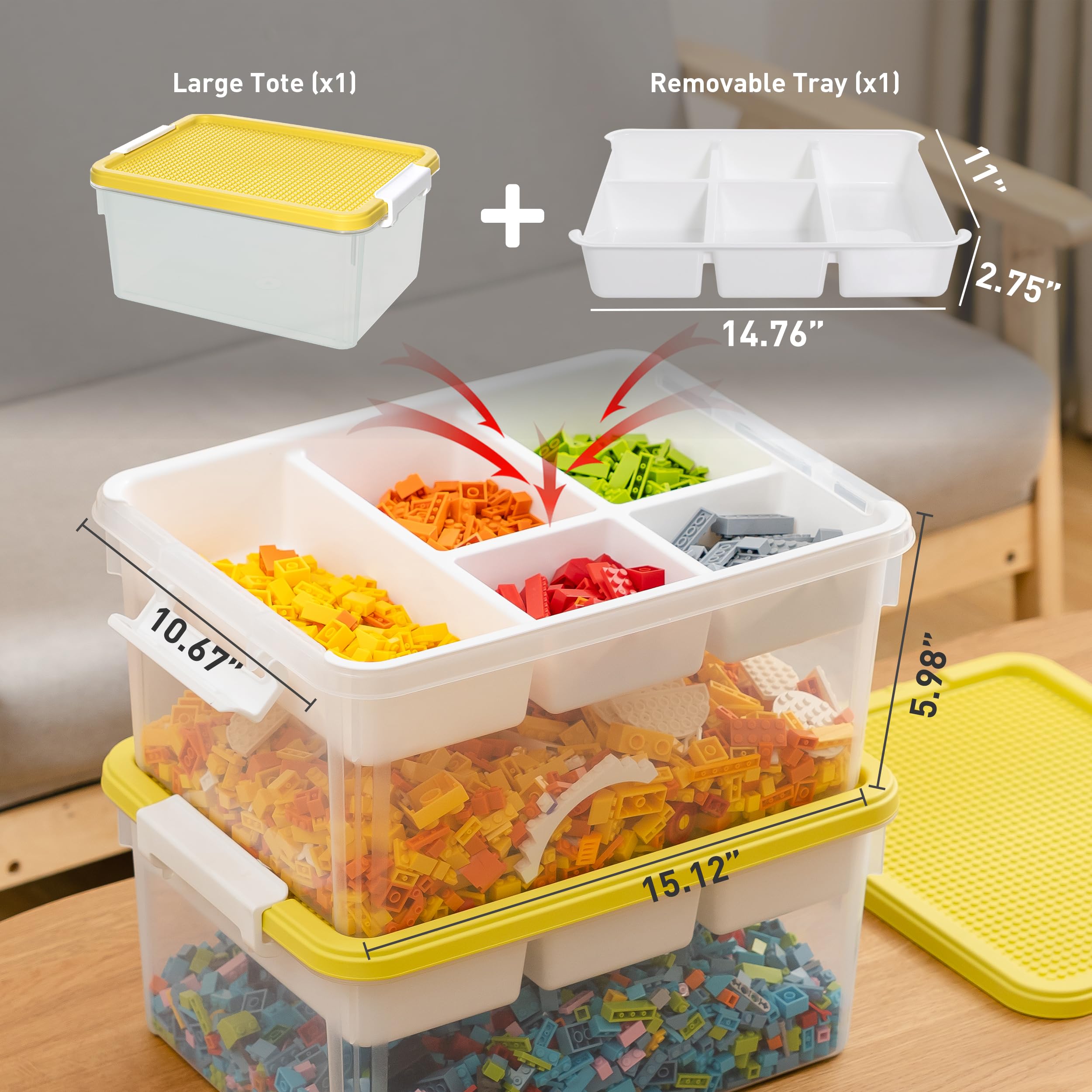 Citylife 17 QT Plastic Storage Box with Building Baseplate Lid and Removable Tray Craft Organizers and Storage Clear Storage Container for Organizing Bead, Tool, Sewing