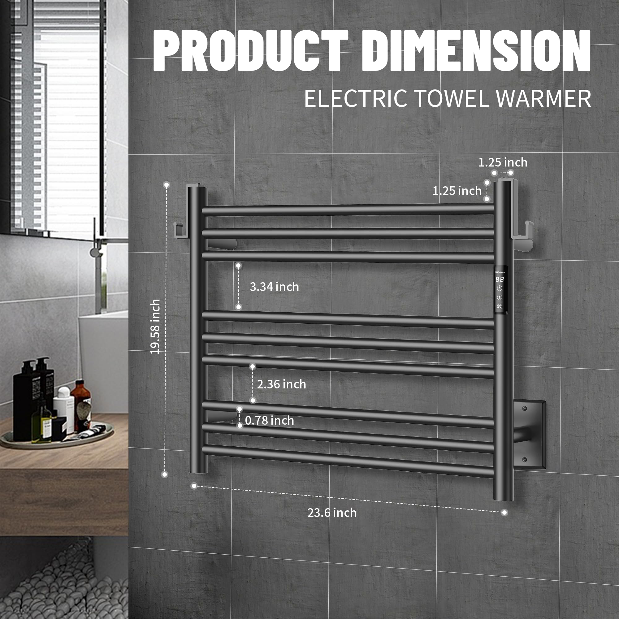 K&KALONZO Wall-Mounted 9-Bar Heated Towel Rack, Fast Heat in 2 Min, NTC Safety | 4 Timers & 3 Heat Levels Control, Plug-In/Hardwired, Top Hooks, Memory Function, Anti-Scald, Stainless Steel, EL13ML