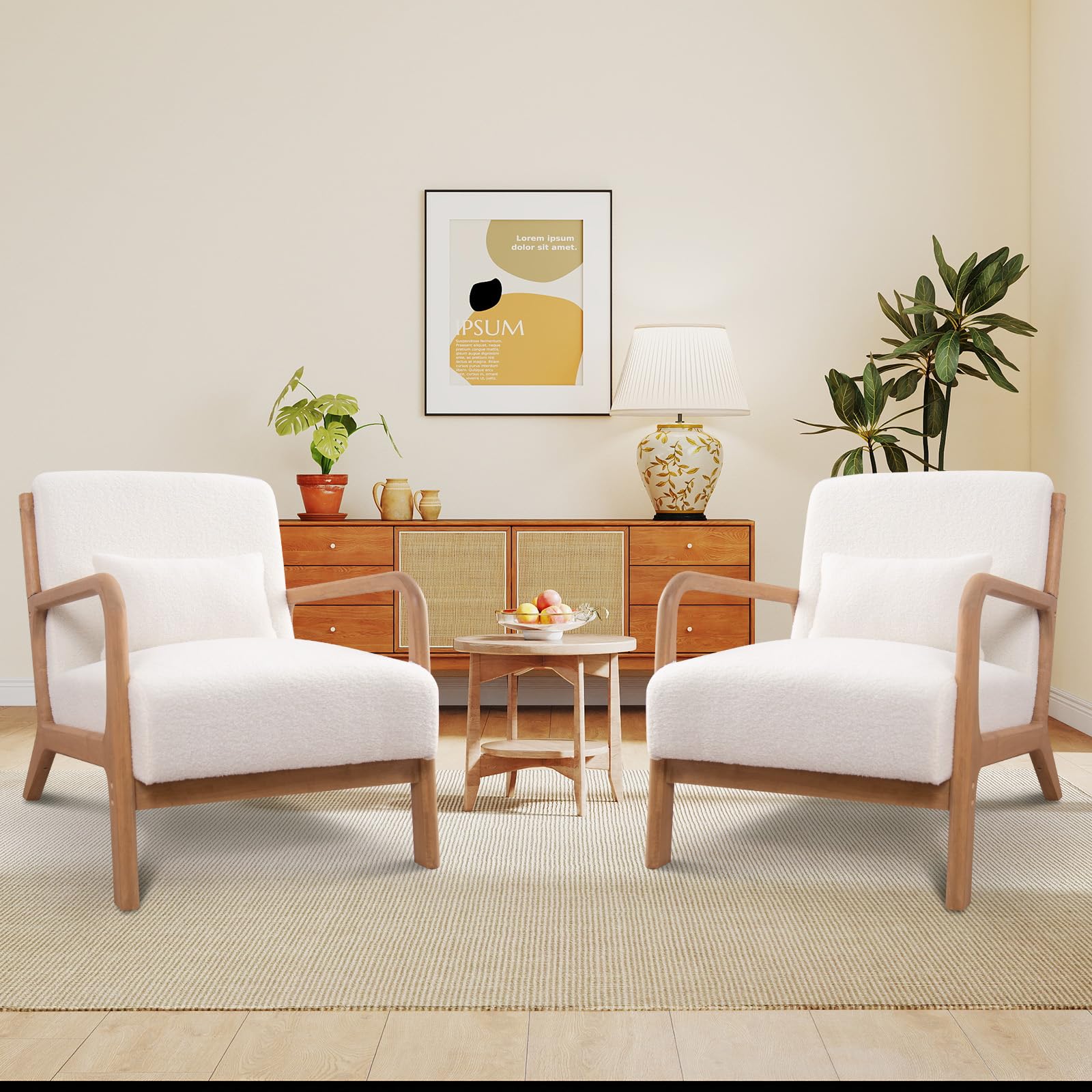ANJ Mid Century Modern Accent Chair, Comfy Fabric Living Room Chairs with Solid Wood Frame, Lounge Reading Armchair, Easy Assembly, Beige
