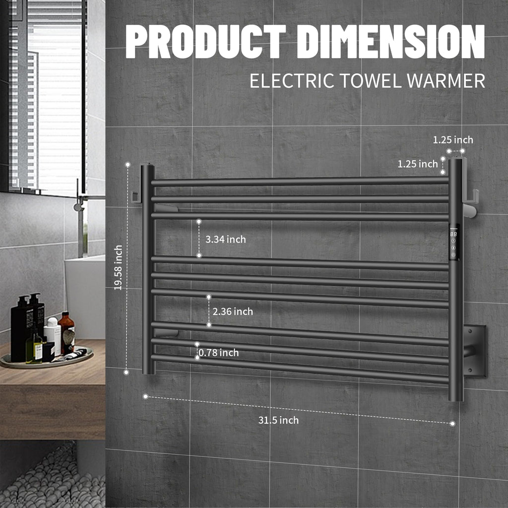 K&KALONZO Wall-Mounted 9-Bar Heated Towel Rack, Fast Heat in 2 Min, NTC Safety | 4 Timers & 3 Heat Levels Control, Plug-In/Hardwired, Top Hooks, Memory Function, Anti-Scald, Stainless Steel, EL13ML
