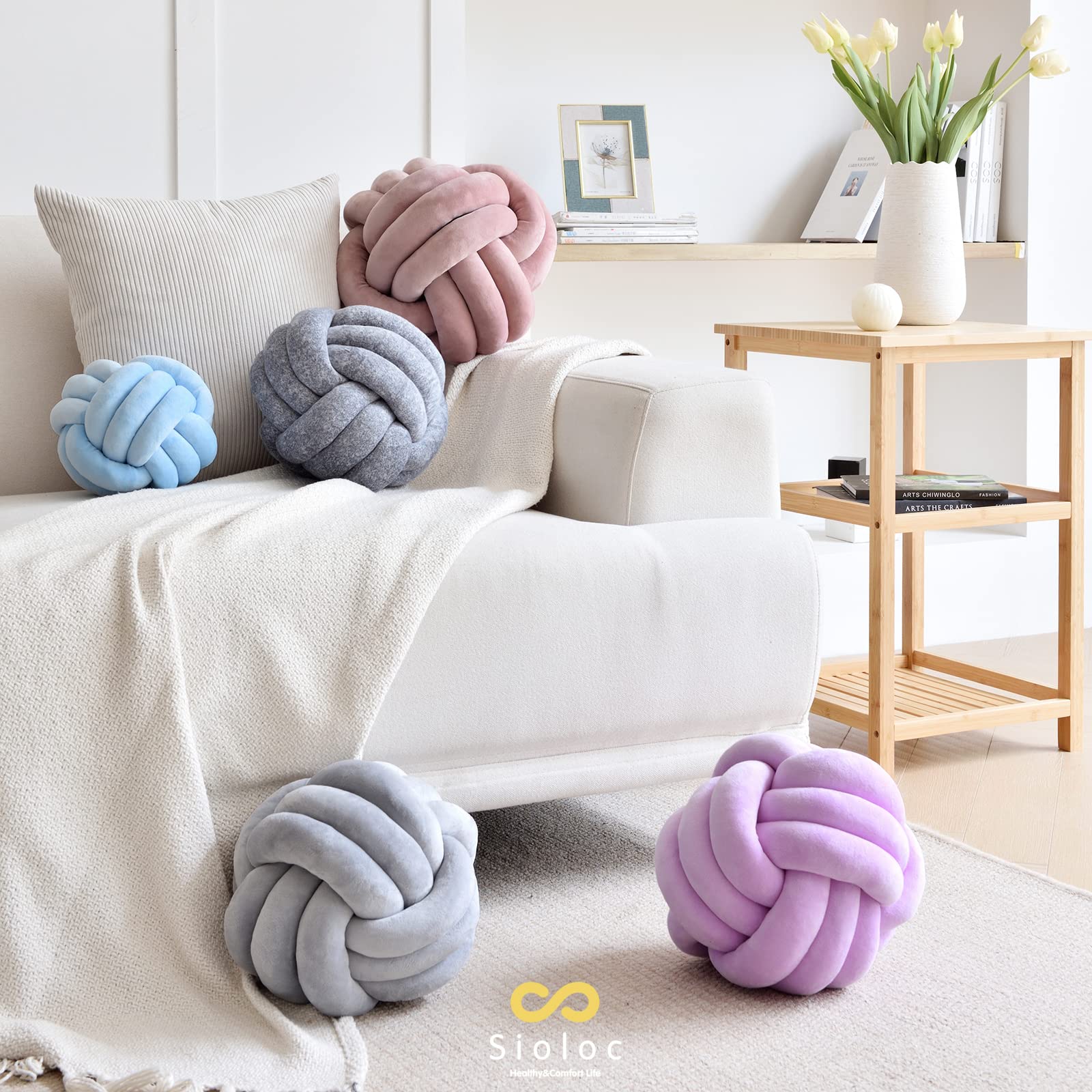 Sioloc Soft Knot Ball Pillows,Round Throw Pillow Cushion Home Decoration Plush Pillow,Throw Knotted Pillow Handmade Round Pillow（7.8inches,Beige）
