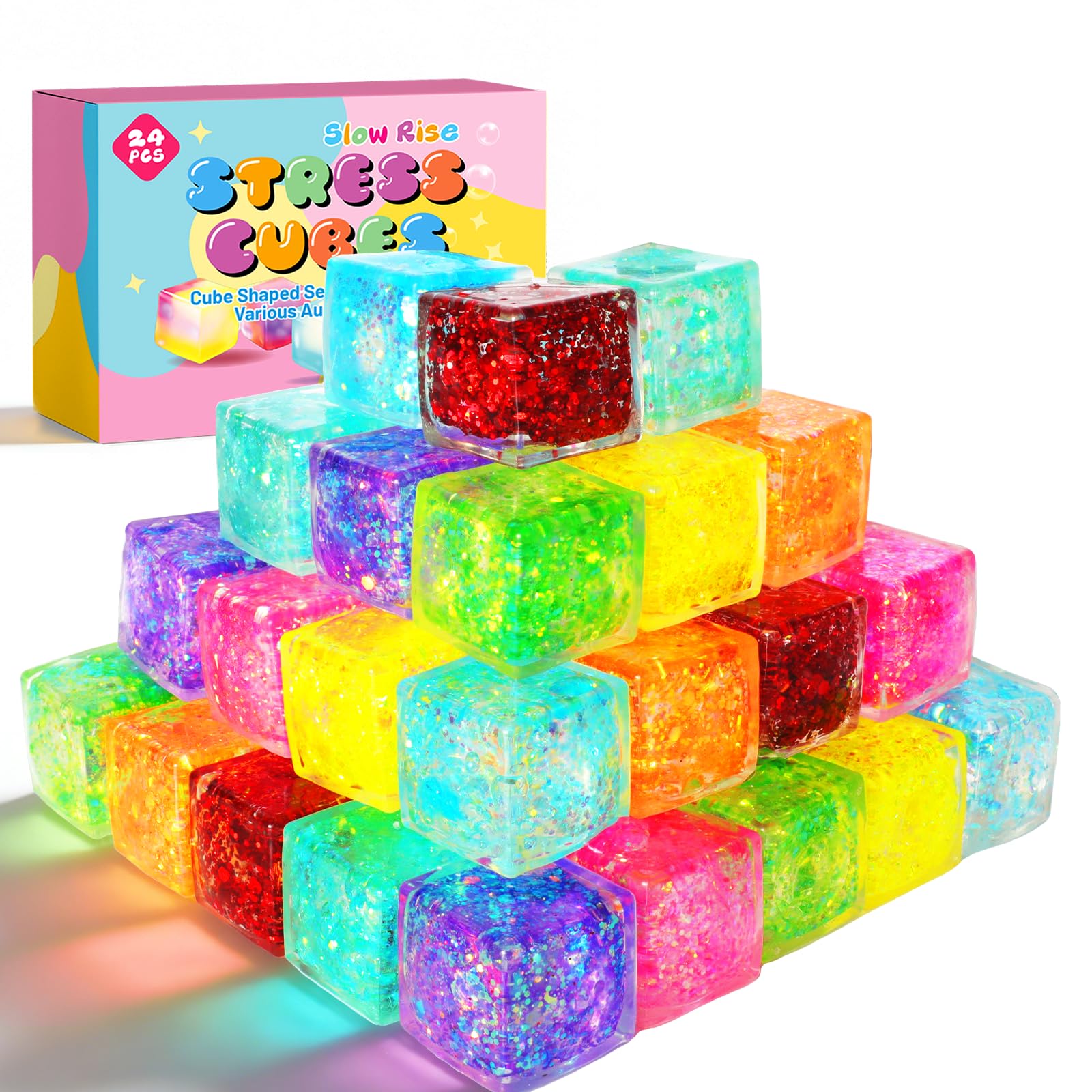 24 Pack Slow Rising Ice Cube Squishy Stress Balls，Stress Cube for Adults Kids , Bulk Taba Squish Fidget Toys, Square Squeeze Toy for Classroom Prizes, Mini Nice Cube Squishy for Party Favors