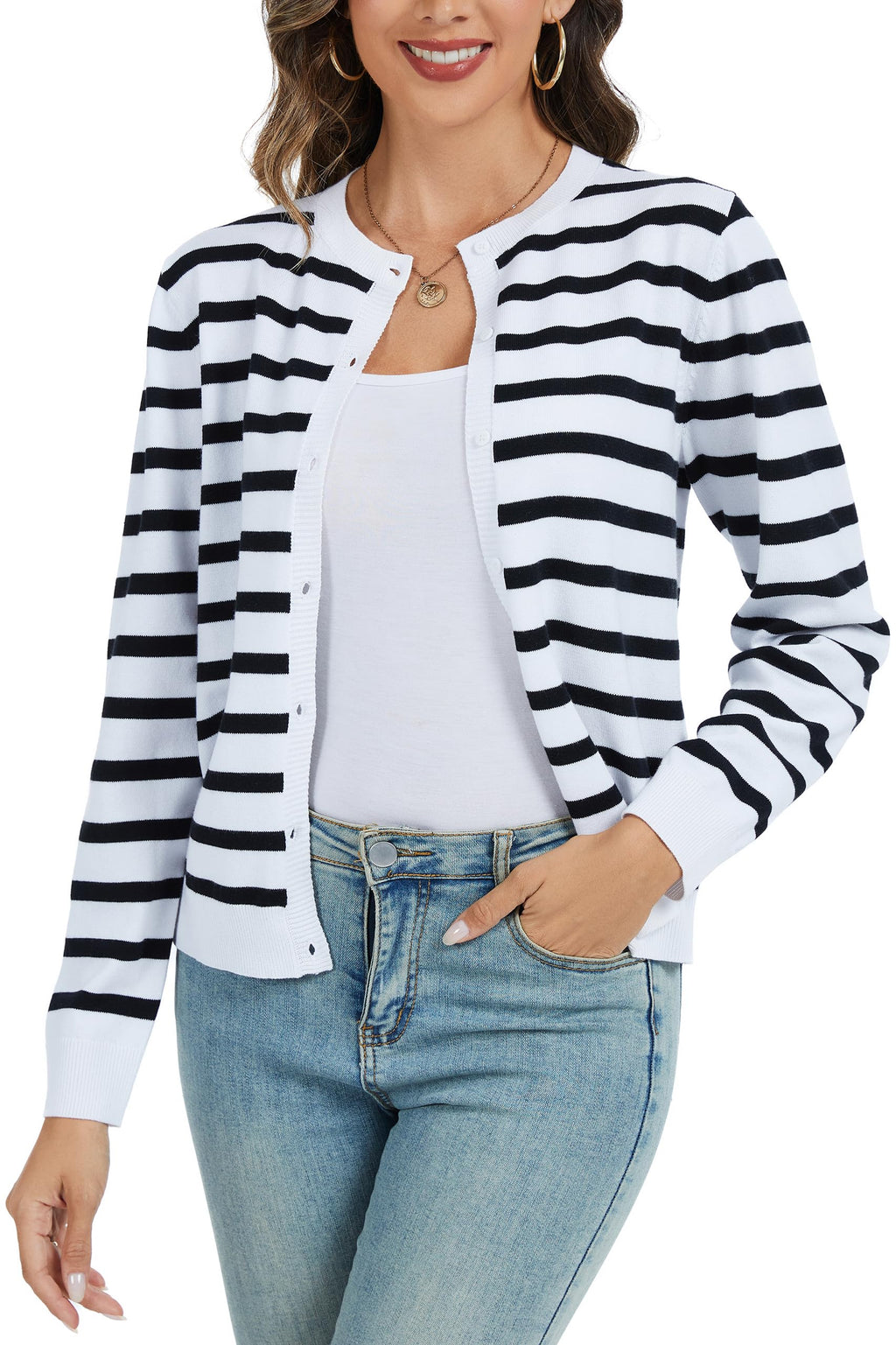 CUNYI Women's Crew Neck Cardigan Long Sleeve Sweater for Women Button Down Soft Knit Ladies Cardigan Sweates Coat