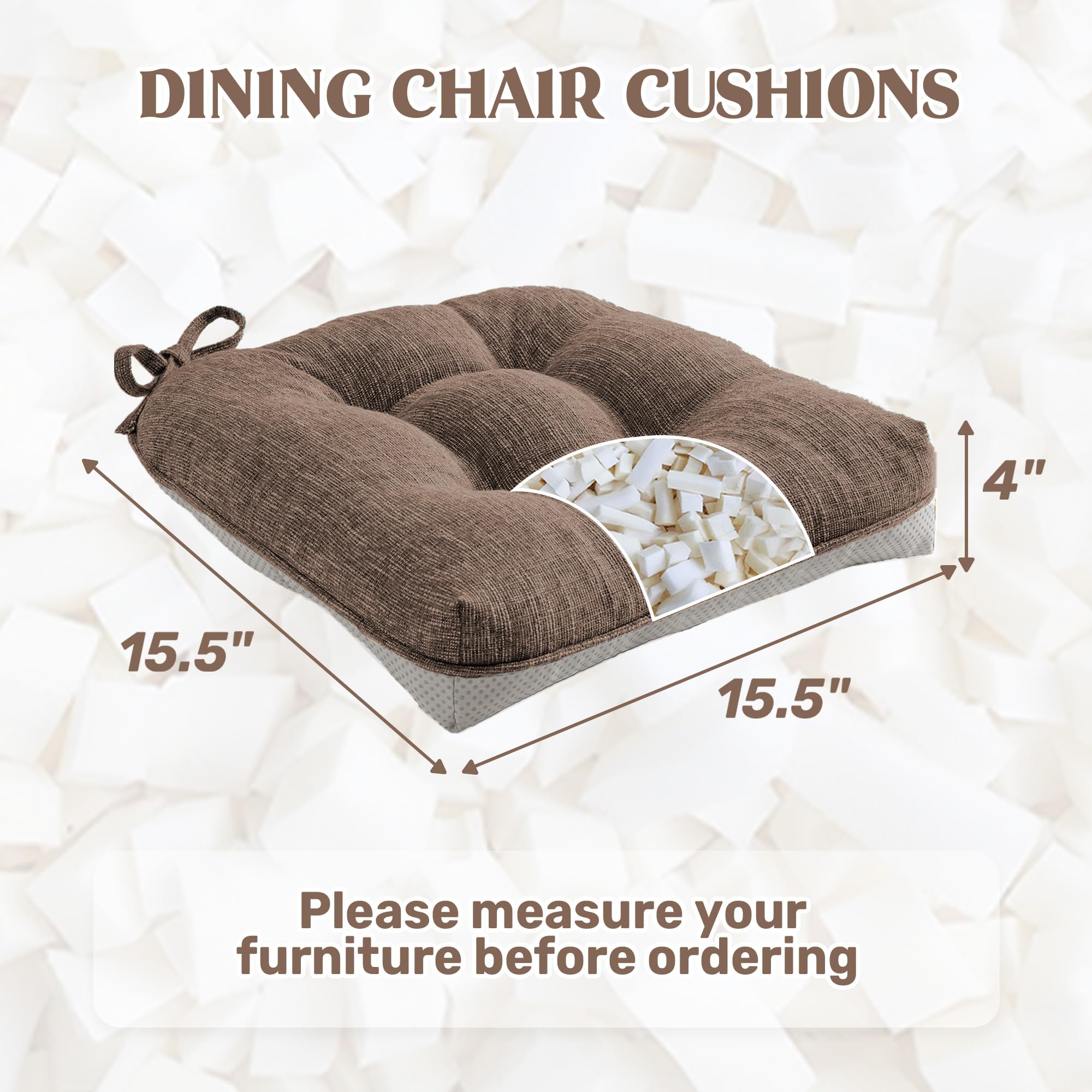 puredown® Chair Cushions for Dining Chairs, Tufted Memory Foam Chair Pads with Non-Slip Backing, Kitchen Seat Cushions with Ties, Washable Seat Pad Set of 4, 15.5" x 15.5" x 4", Light Grey