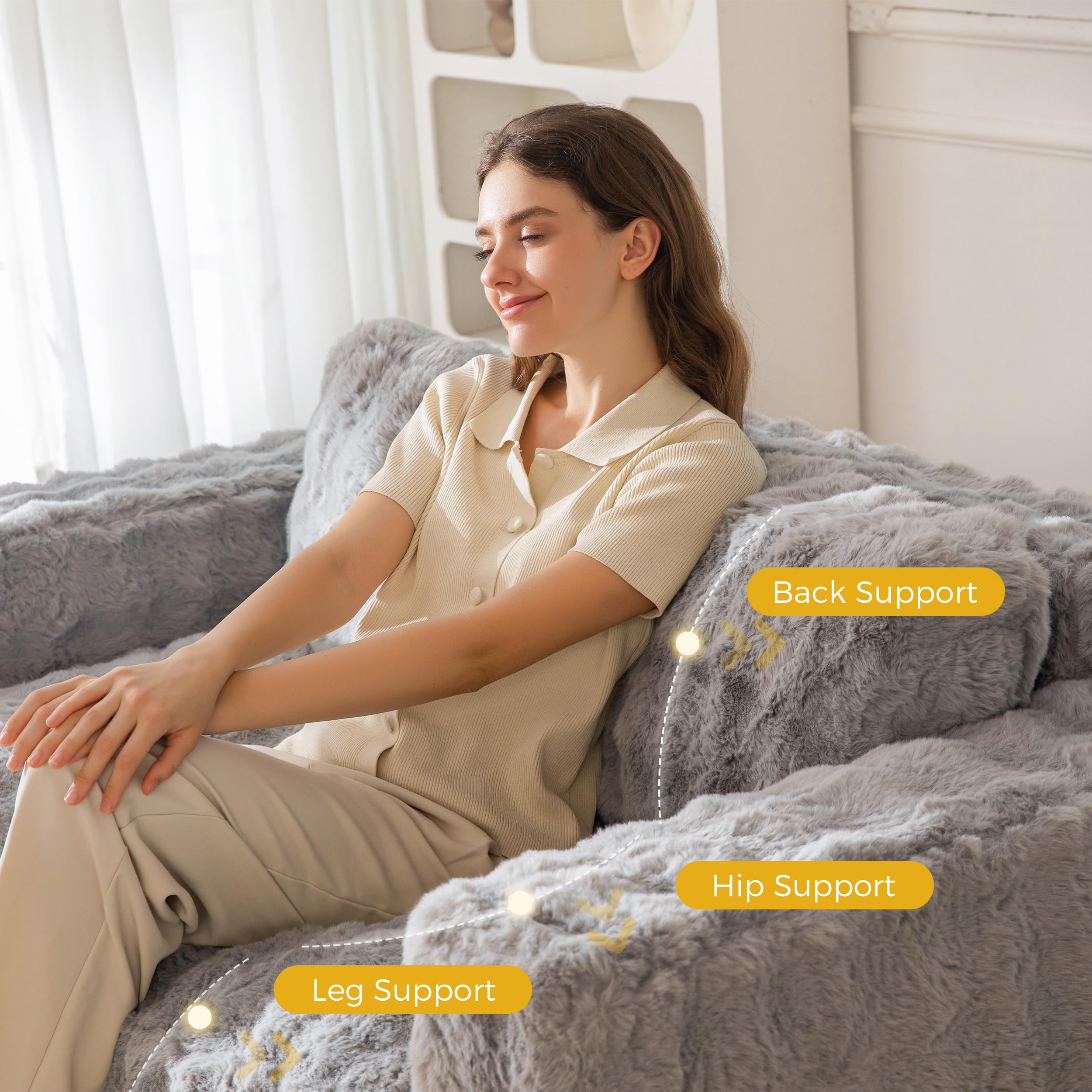 MAXYOYO 3 Seater Sofa Couch for Living Room, Tufted Boneless Couch Sofa Couch, Comfy Bubbled Bean Bag Chair for Apartment, No Assembly Needed, Beige
