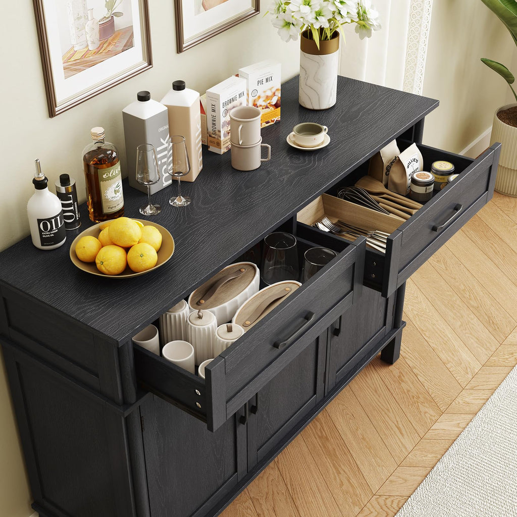 ONBRILL 48 Inches Buffet Cabinet with Storage, Farmhouse Sideboard Buffet w/2 Drawers and 3 Doors, Wood Coffee Bar Cabinet with Adjustable Shelves, Sideboard Storage for Kitchen, Living Room, Black
