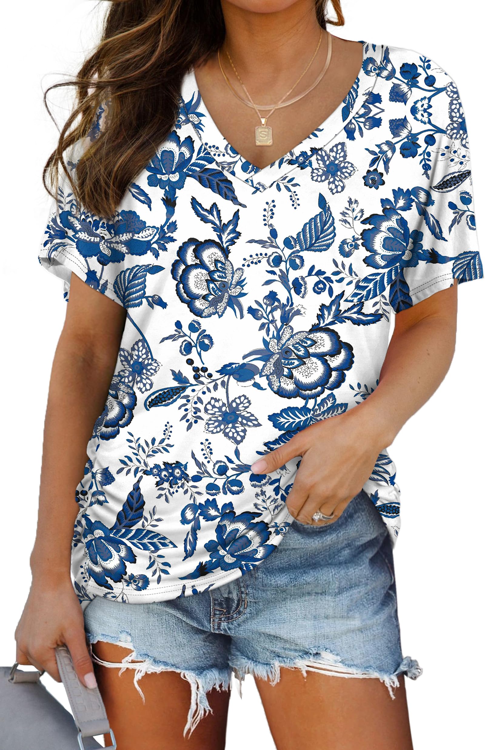 WIHOLL Womens Summer T-Shirts Short Sleeve V Neck Dolman Tops with Side Shirring Loose Fit Shirts Spring Fashion