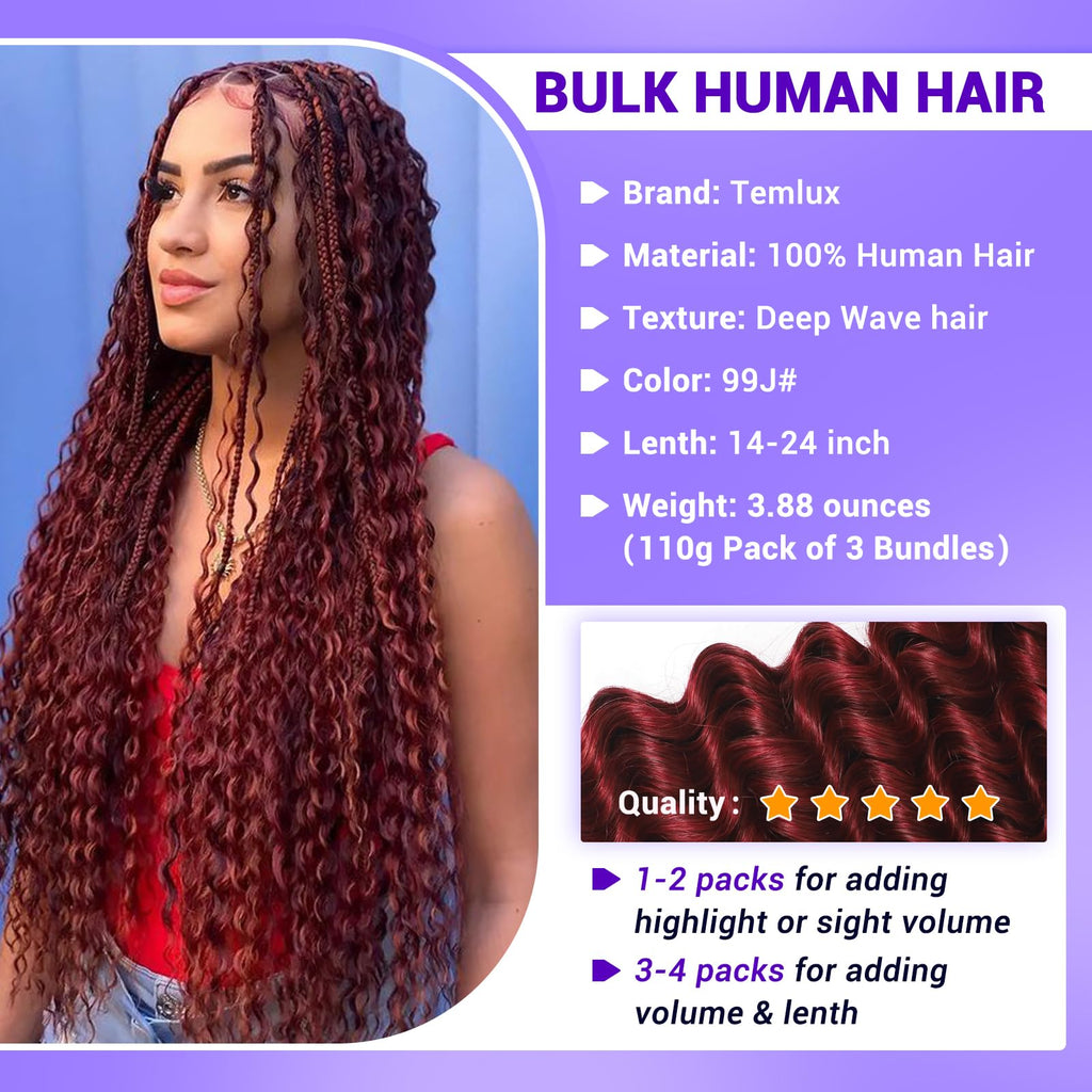 Human Braiding Hair for Boho Braids 110g Deep Wave Boho Bulk Human Hair for Braiding Knotless 12A Wet and Wavy Bohemian 3 No Weft Bundles/Pack Curly Braids Honey Blonde 16 Inch