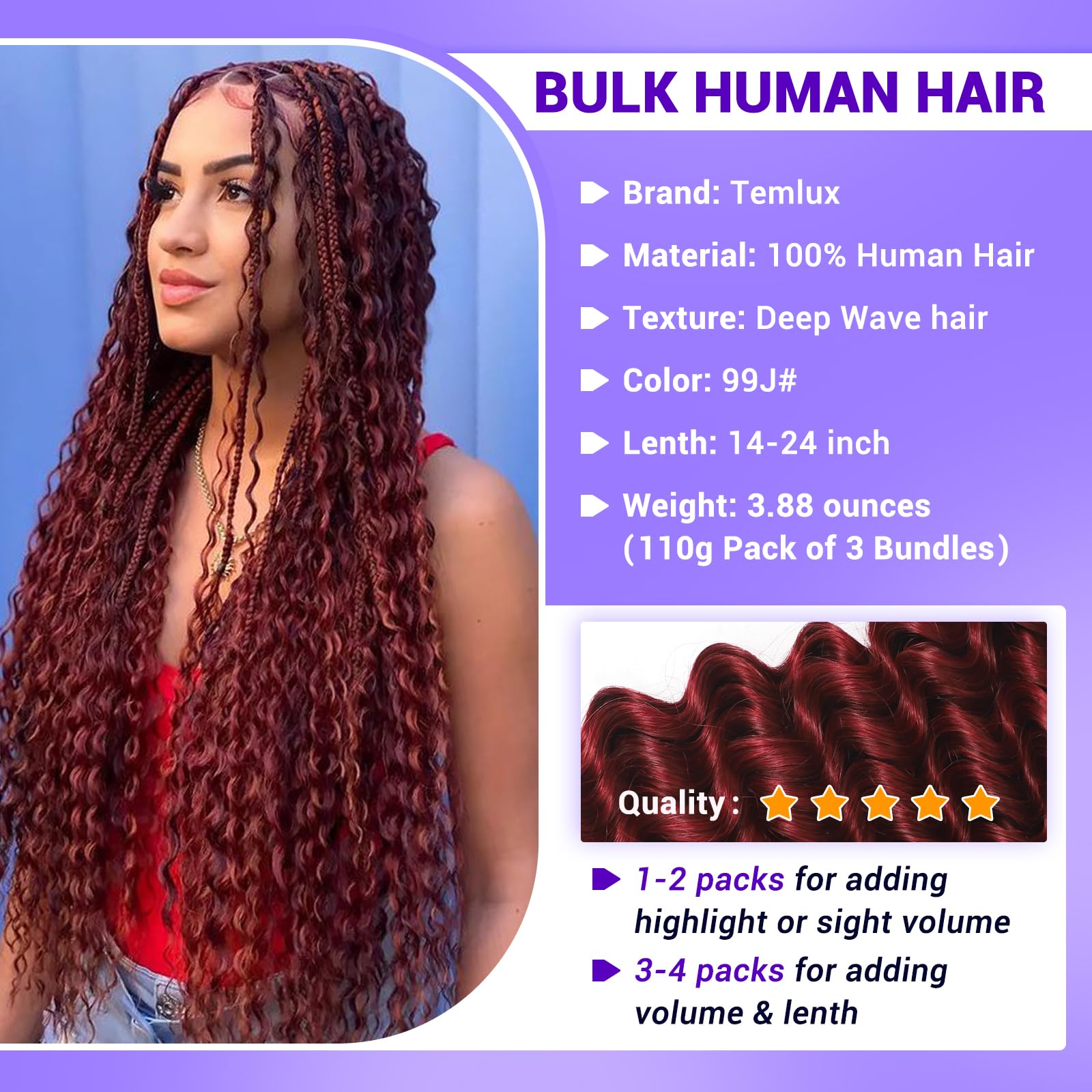 Human Braiding Hair for Boho Braids 110g Deep Wave Boho Bulk Human Hair for Braiding Knotless 12A Wet and Wavy Bohemian 3 No Weft Bundles/Pack Curly Braids Honey Blonde 16 Inch