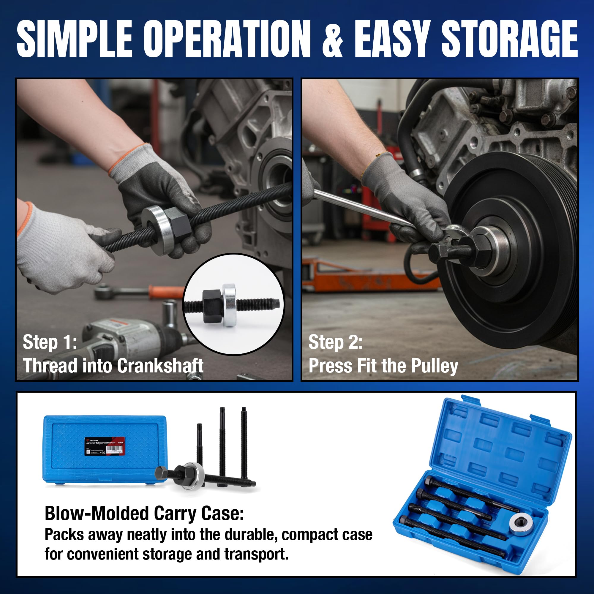 Thorstone 5pcs Harmonic Balancer Installer Set | 5pc Long Reach Crank Pulley Underdrive Pulley Damper Installation Tool Kit with 4 Adapters & Nut Bearing