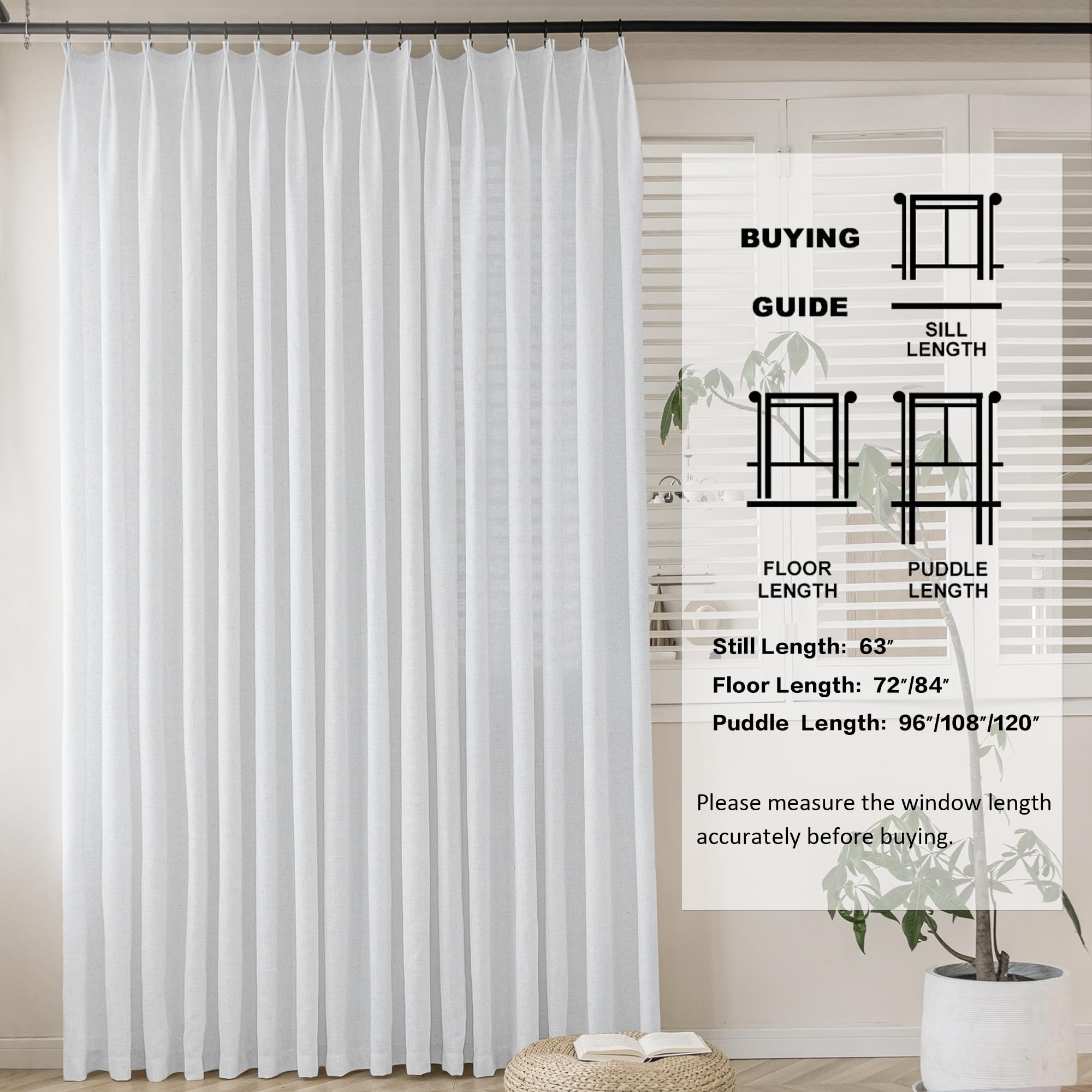 MAIHER Linen Textured Pleated Curtains 63 Inches Long for Living Room, Light Filtering Pinch Pleat Semi Sheer Drapes Curtains with Tieback and Hooks, Natural Linen (1 Panel, 54" W x 63" L)