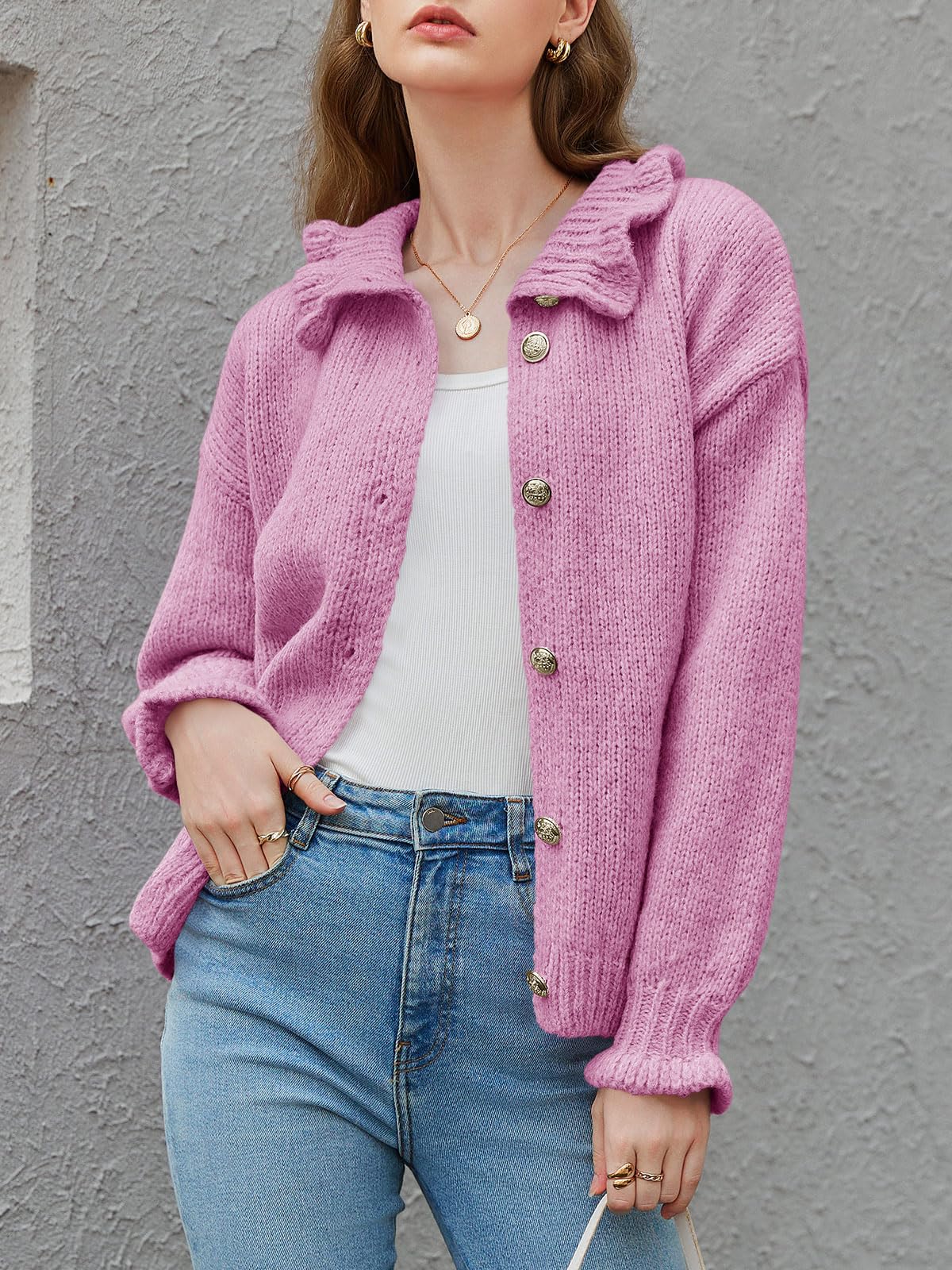 Saodimallsu Womens Ruffle Cardigan Oversized Button Up Fall Trendy Ribbed Knit Open Front Long Sleeve Loose Cute Sweater