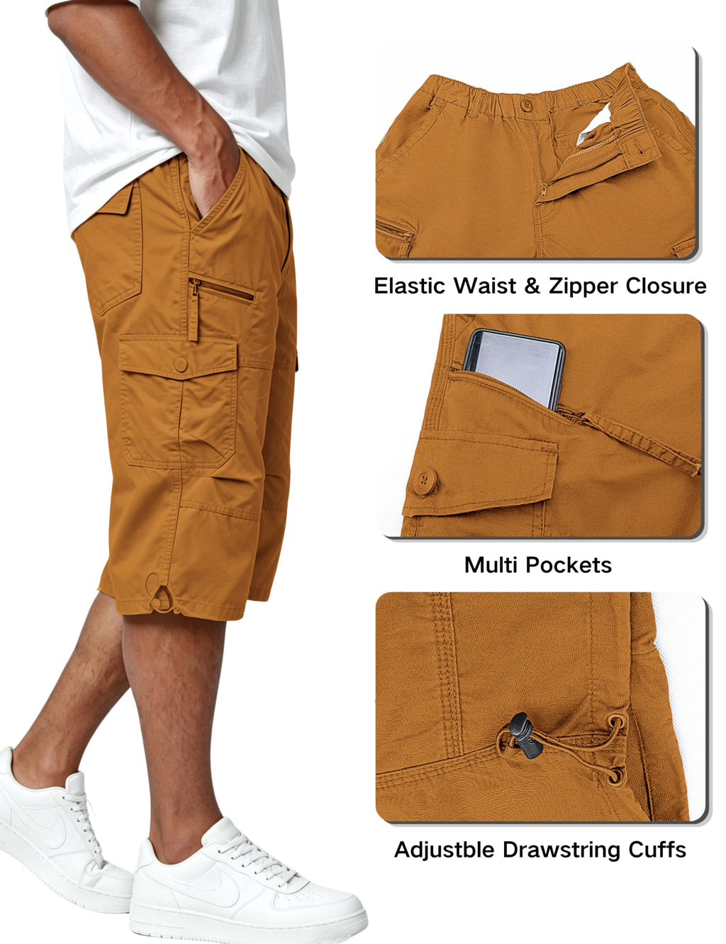 EKLENTSON Men's Cargo Shorts Casual Twill Elastic 3/4 Capri Pants Below Knee Long Shorts with 7 Pockets
