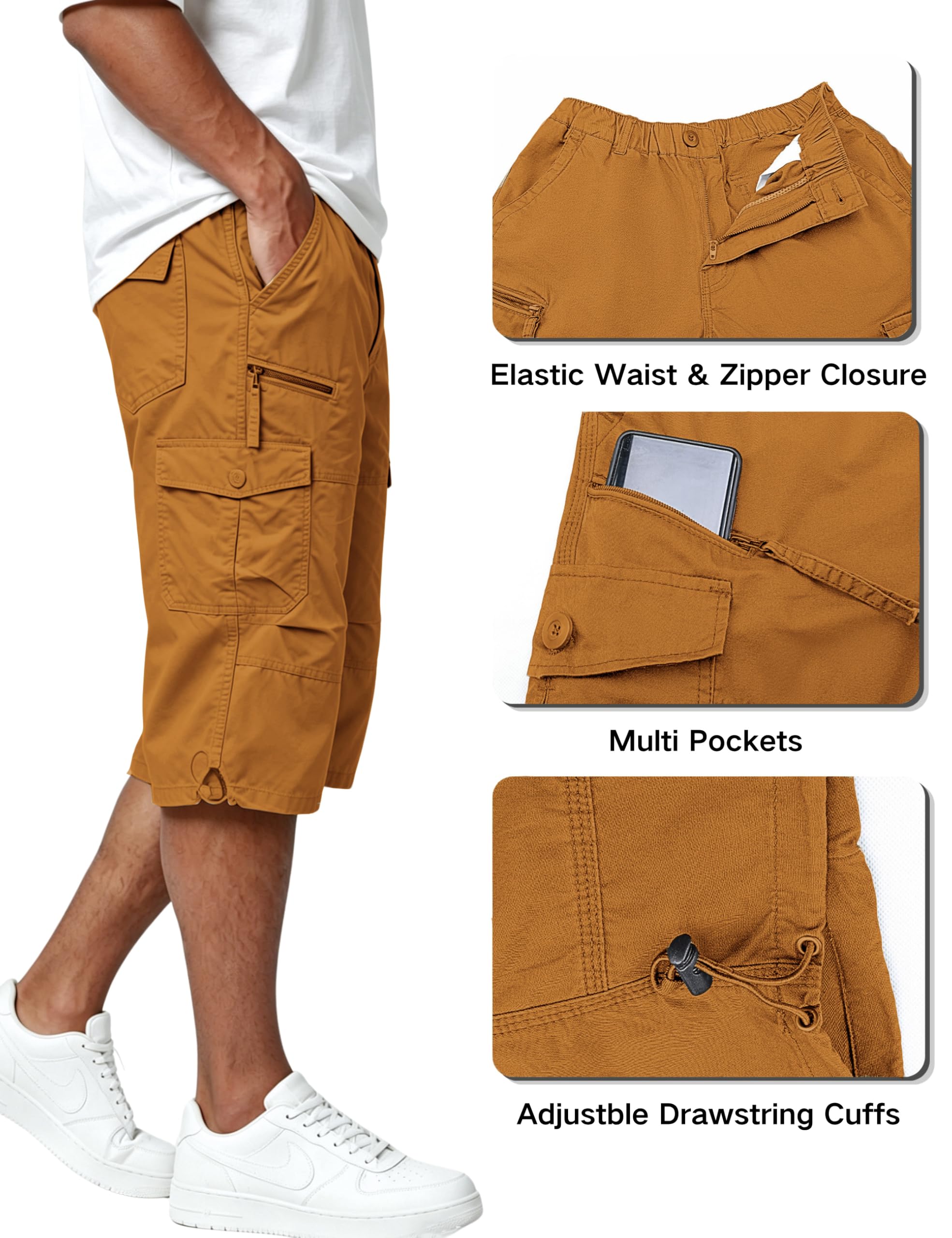 EKLENTSON Men's Cargo Shorts Casual Twill Elastic 3/4 Capri Pants Below Knee Long Shorts with 7 Pockets