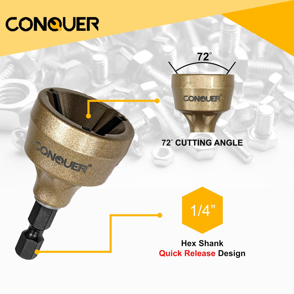 CONQUER Tools Deburring External Chamfer Tool, Premium Tungsten Blade, Deburring Drill Bit, Remove Burr Tools Quick Release Shank Fits for 1/2"-1 3/8"(13mm-35mm) Stainless Steel Burr Removal