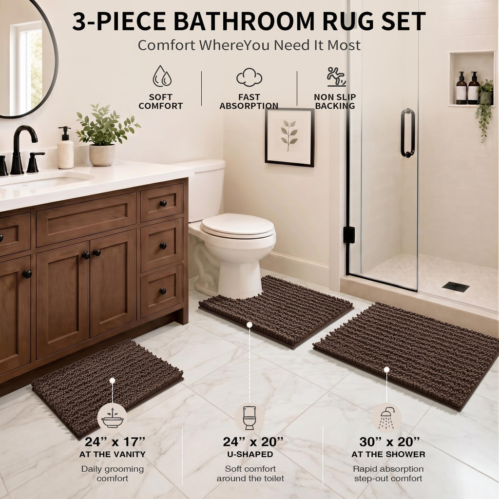Yimobra Black Bathroom Rug Set 3 Piece - Super Absorbent Quick Dry Chenille Bath Mats & Toilet Rug, Non Slip Machine Washable, Extra Thick Shaggy Floor Mat for Shower Tub Sink